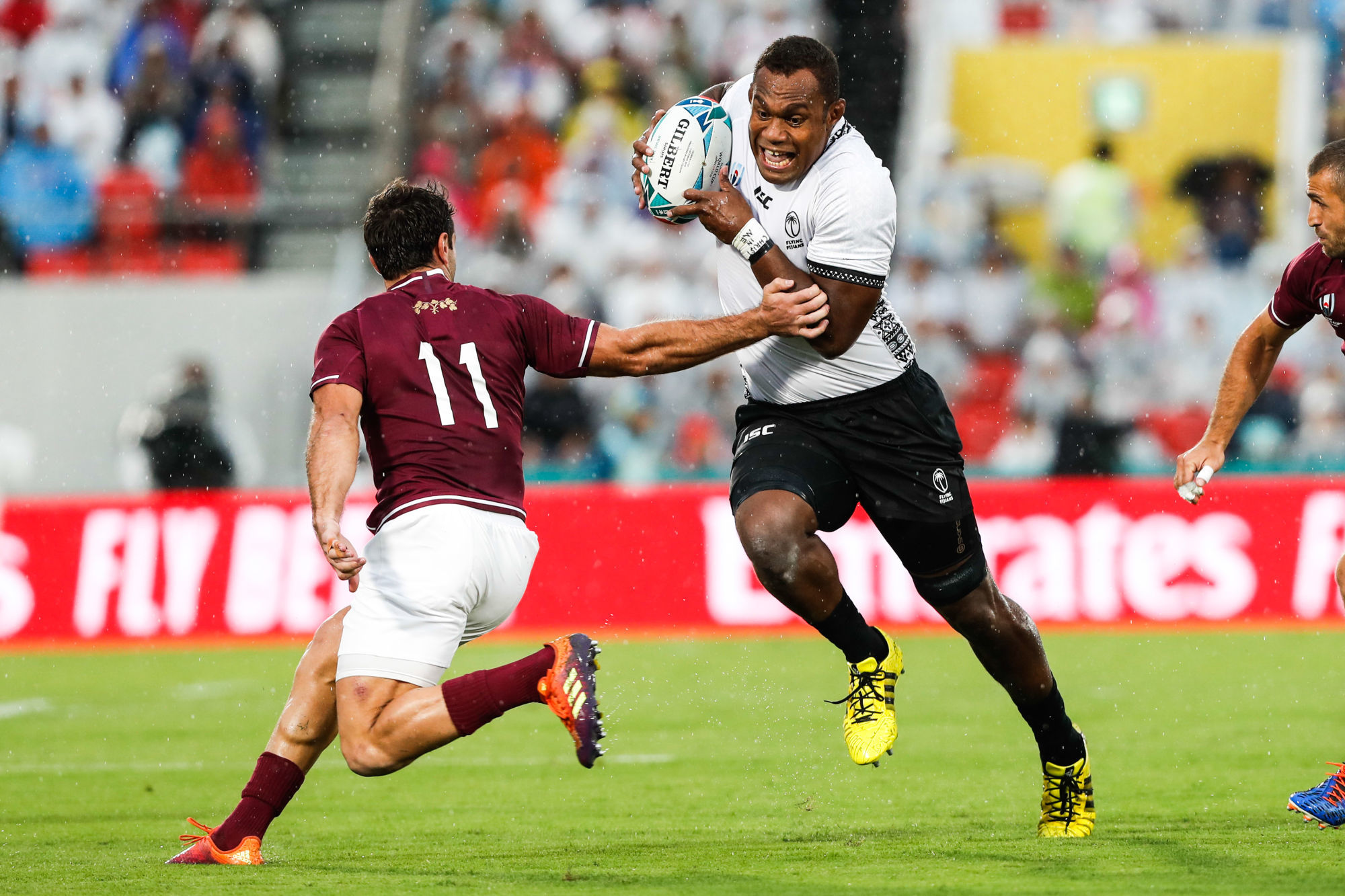 Foto IPP/Sebastiano Pessina .Osaka, 2/10/2019.Rugby World Cup 2019 - Coppa del Mondo di Rugby 2019.Georgia - Fiji.nella foto il georgiano Alexander Todua cerca di fermare il figiano Leone Nakarawa .Italy Photo Press World Copyright ..Photo by Icon Sport - Leone NAKARAWA - Alexander TODUA - Paris (France)