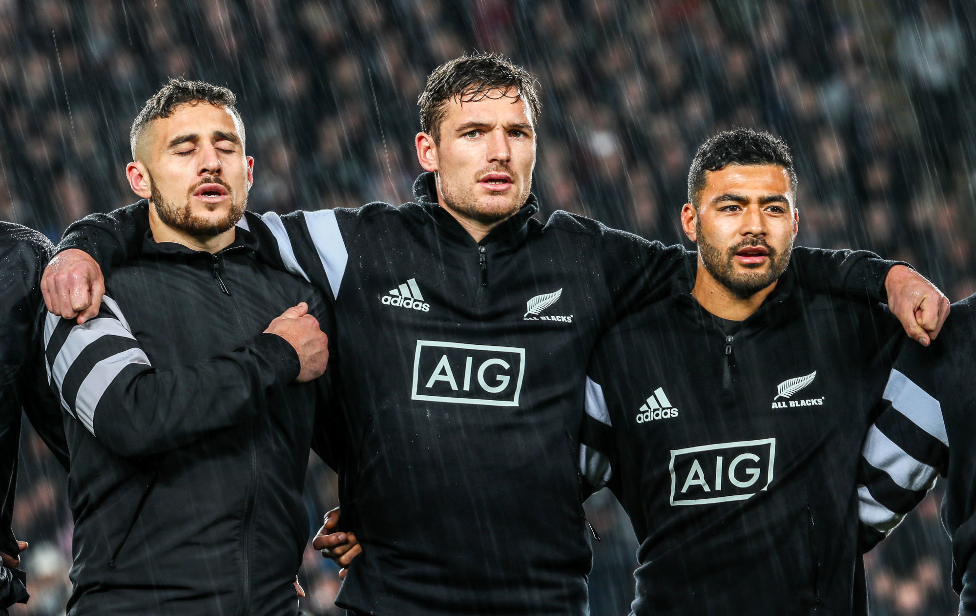 TJ Perenara, George Bridge and Richie Mo'unga line up before the Bledisloe Cup Rugby match between the New Zealand All Blacks and Australia Wallabies at Eden Park in Auckland, New Zealand on Saturday, 17 August 2019. Photo : Dave Lintott / Icon Sport