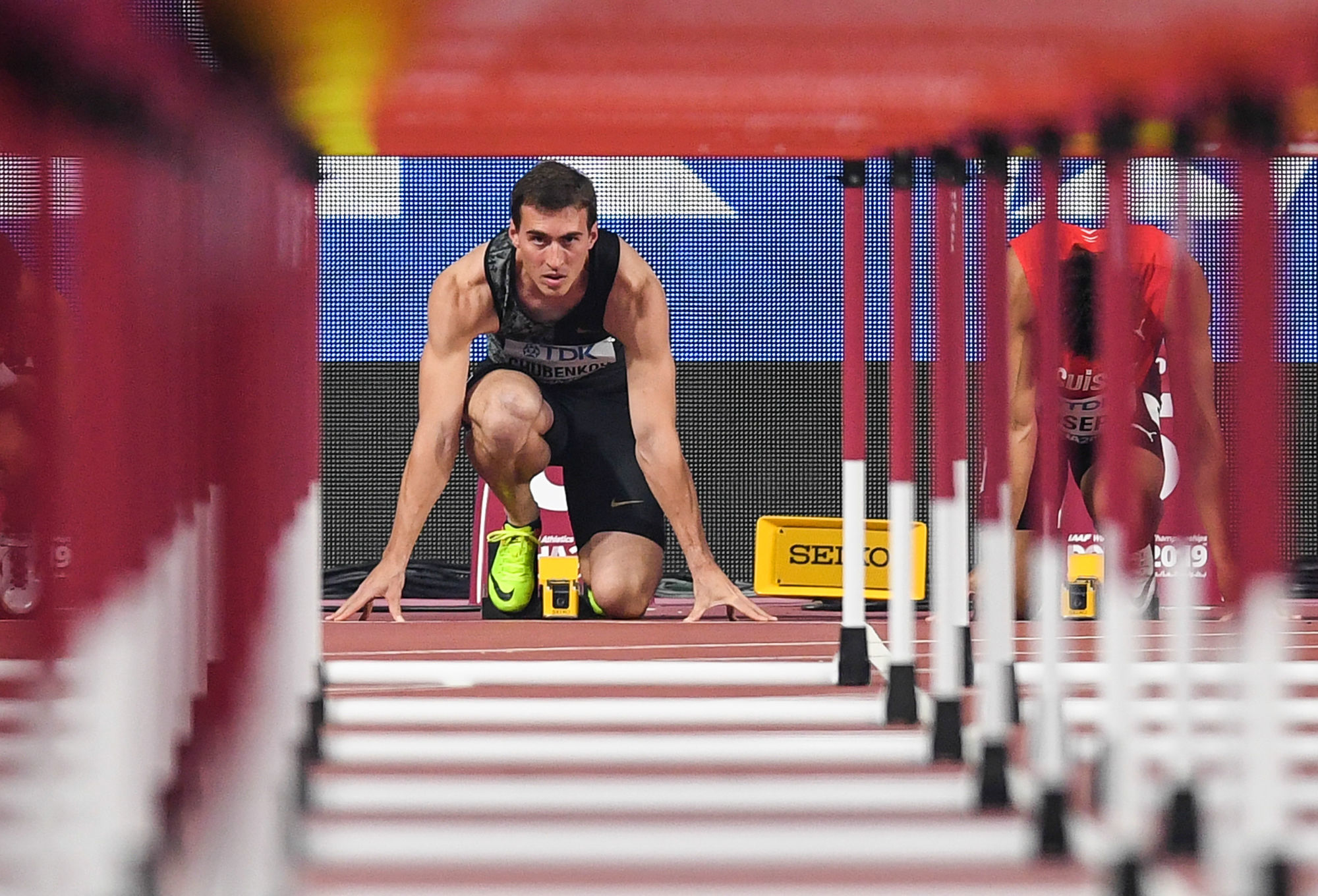 6027193 30.09.2019 Neutral athlete Sergey Shubenkov prepares for a men's 110 meters hurdles heat competition at the World Athletics Championships, in Doha, Qatar. Grigory Sysoev / Sputnik ..Photo by Icon Sport - Sergey SHUBENKOV - Khalifa International Stadium - Doha (Qatar)