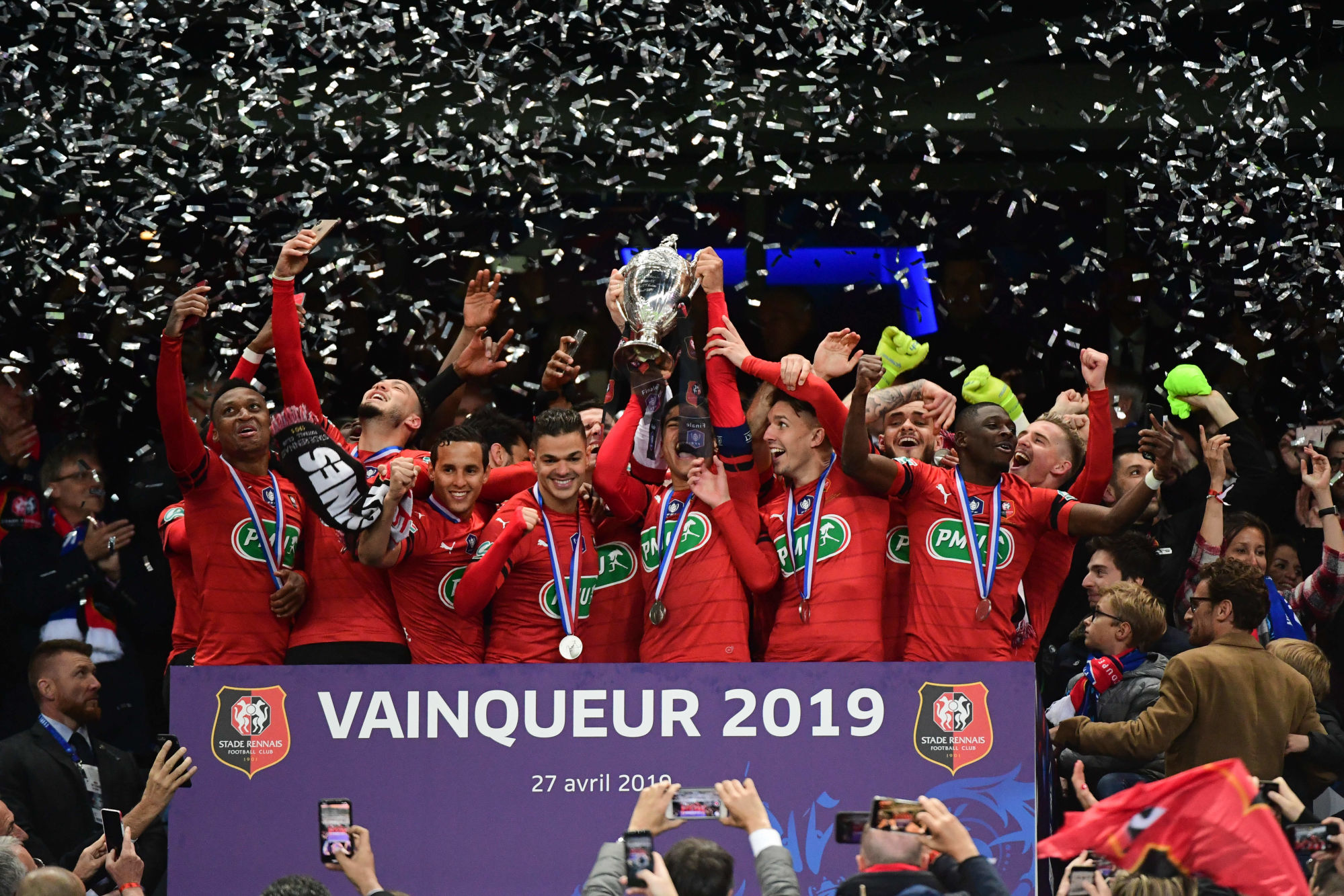 Captain Benjamin Andre of Rennes lifts the trophy after his side wins the French Cup Final between Rennes and Paris Saint Germain at Stade de France on April 27, 2019 in Paris, France. (Photo by Dave Winter/Icon Sport)