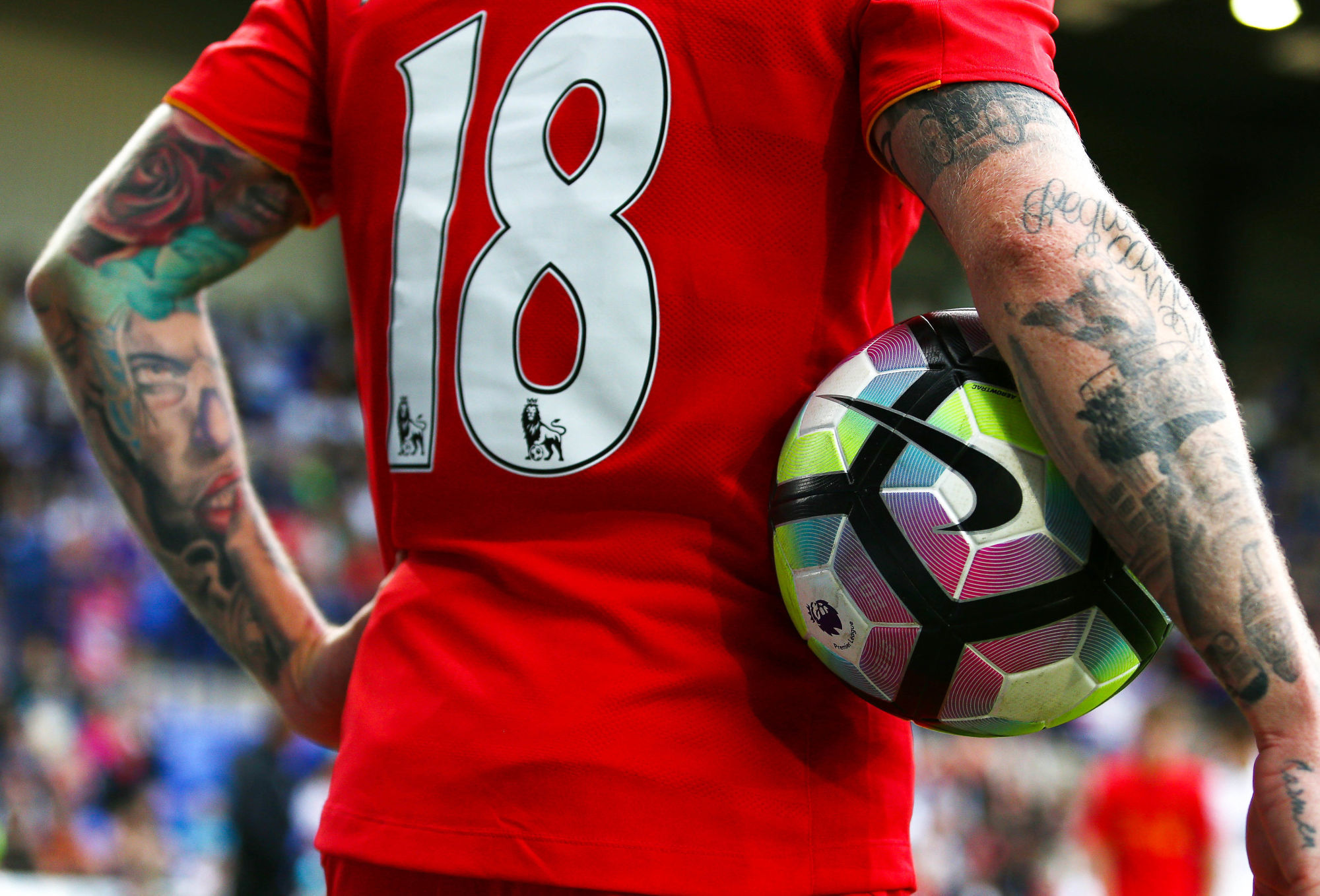 A general view of the Premier League Nike 2016/17 match ball under the arm of Alberto Moreno of Liverpool during the pre season friendly match between Tranmere Rovers and Liverpool played at Prenton P
