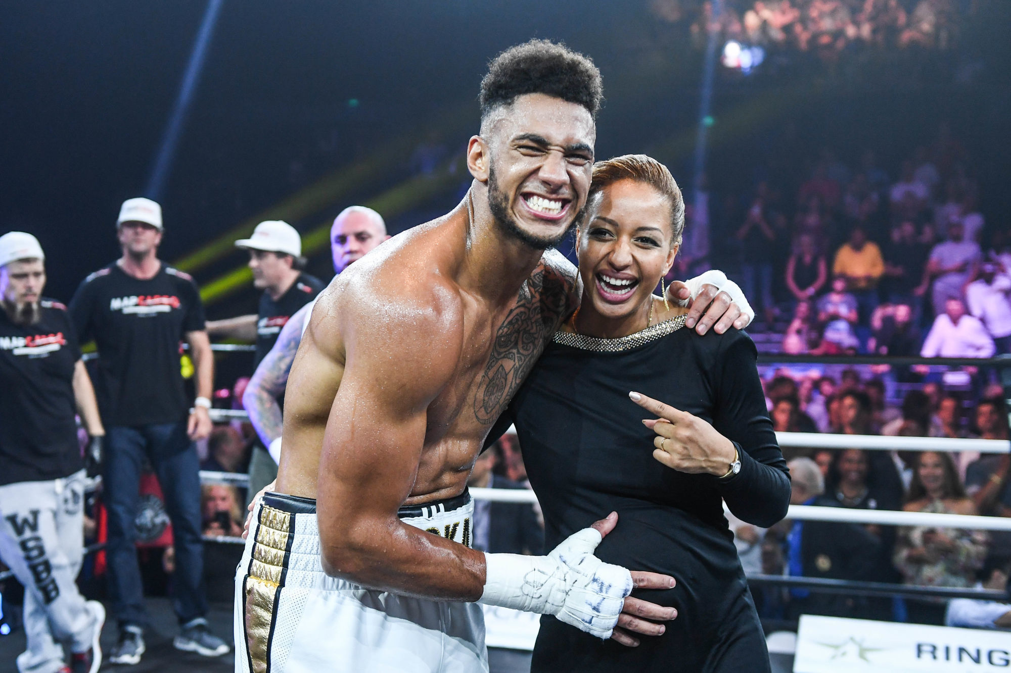 Tony Yoka celebrates the victory with her pregnant wife Estelle Mossely during the boxing event la conquete at Palais des Sports on June 2, 2017 in Paris, France. (Photo by Anthony Dibon/Icon Sport )