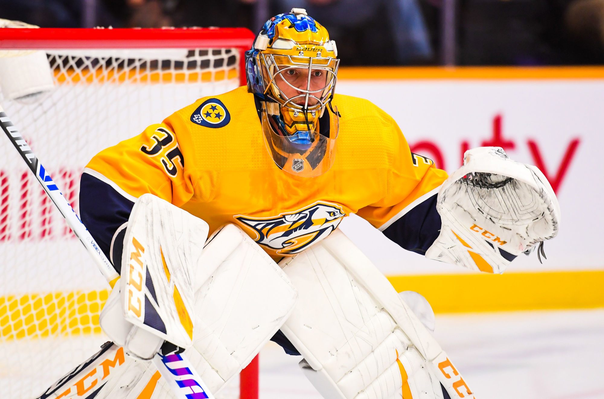 Dec 11, 2018; Nashville, TN, USA; Nashville Predators goaltender Pekka Rinne (35) during the first period against the Ottawa Senators at Bridgestone Arena. Photo : SUSA / Icon Sport