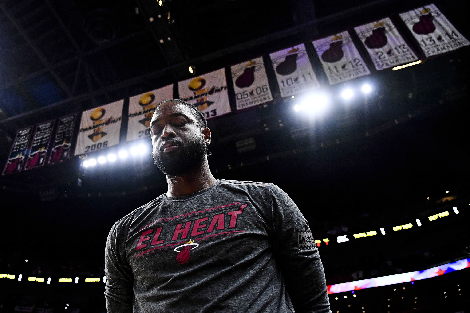 Mar 4, 2019; Miami, FL, USA; Miami Heat guard Dwyane Wade (3) during the national anthem prior to the game against the Atlanta Hawks at American Airlines Arena.  Photo : SUSA / Icon Sport