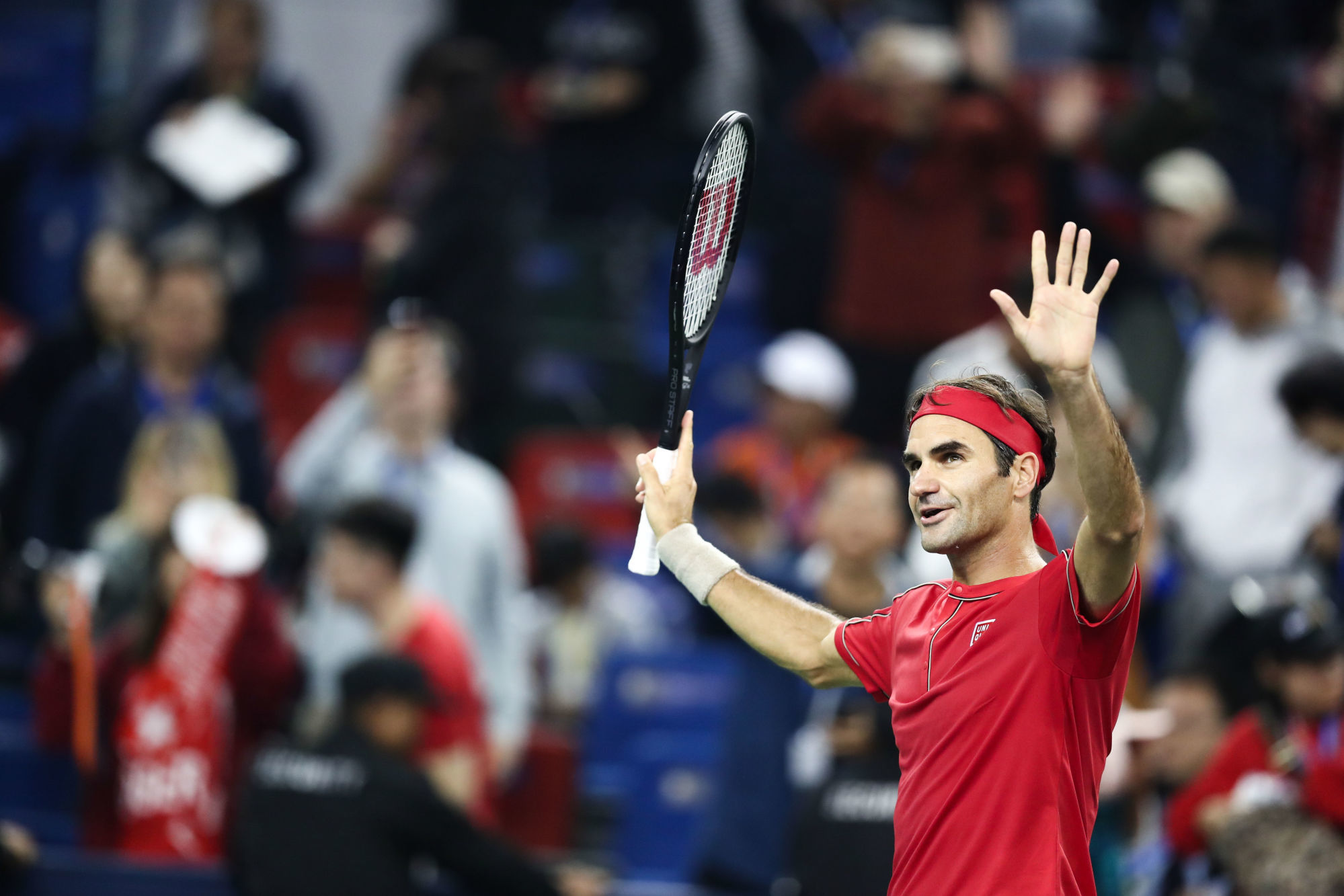 (191008) -- SHANGHAI, Oct. 8, 2019 (Xinhua) -- Roger Federer of Switzerland celebrates after the men's singles second round match between Roger Federer of Switzerland and Albert Ramos-Vinolas of Spain at 2019 ATP Shanghai Masters tennis tournament in Shanghai, east China, on Oct. 8, 2019. (Xinhua/Wu Gang) (Photo by Xinhua/Sipa USA) ..Photo by Icon Sport - Roger FEDERER - Shanghai (Chine)