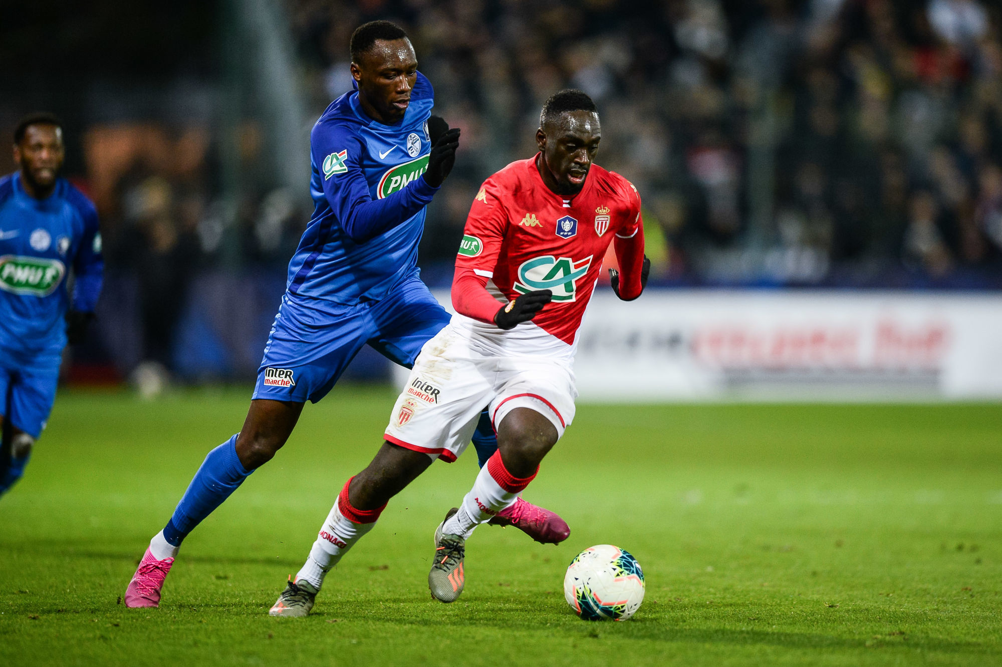 Djibril Tammsir PAYE of St Pryve St Hilaire and Jean Kevin AUGUSTIN of Monaco during the French Cup Soccer match between St Pryve St Hilaire FC and AS Monaco on January 20, 2020 in Orleans, France. (Photo by Baptiste Fernandez/Icon Sport) - Stade de la Source - Orleans (France)