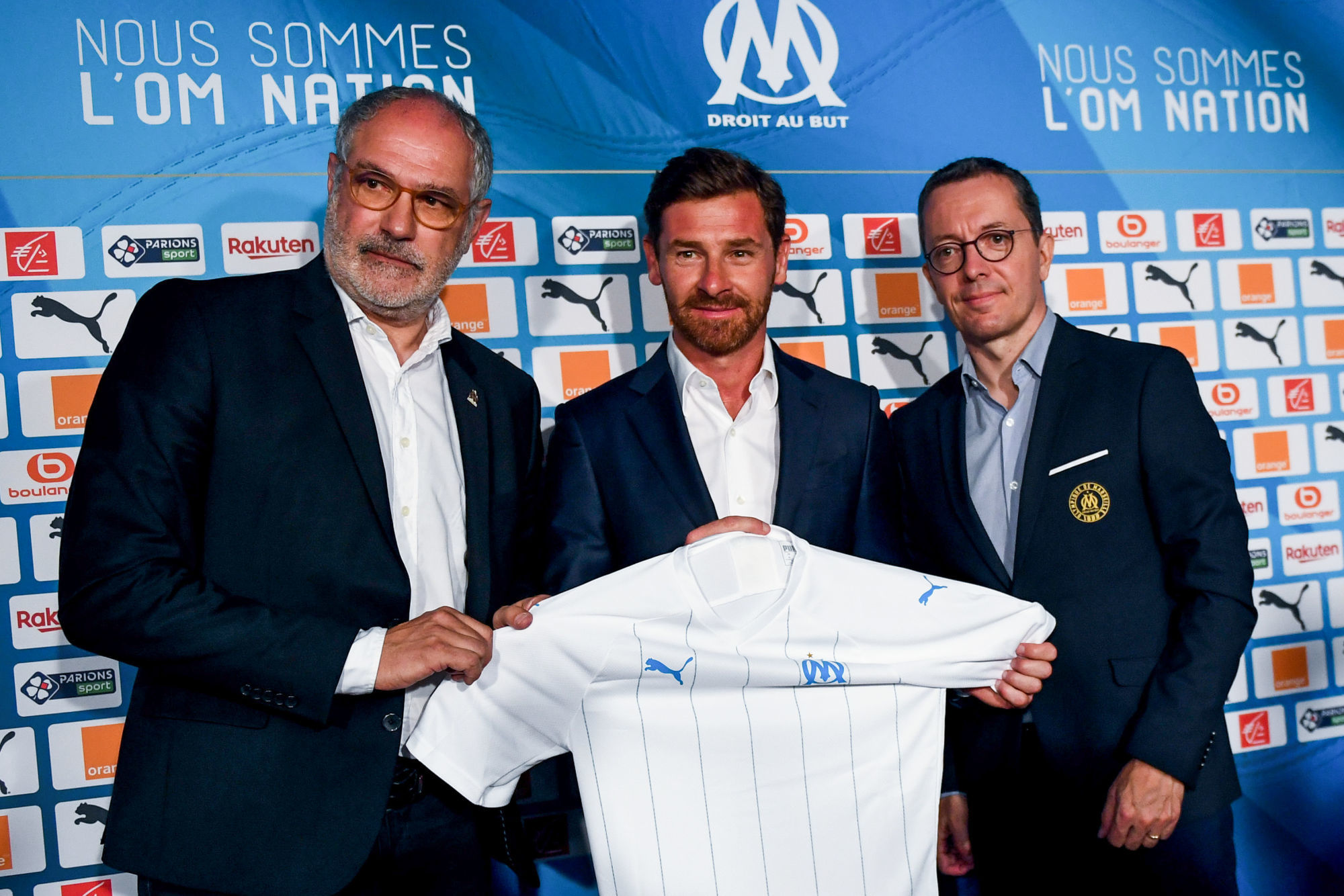 Andoni Zubizarreta sports manager and  Andre Villas-Boas new head coach and Jacques-Henri Eyraud president  of Marseille during the press conference and presentation of the new head coach of Olympique de Marseille on May 29, 2019 in Marseille, France. (Photo by Alexandre Dimou/Icon Sport)