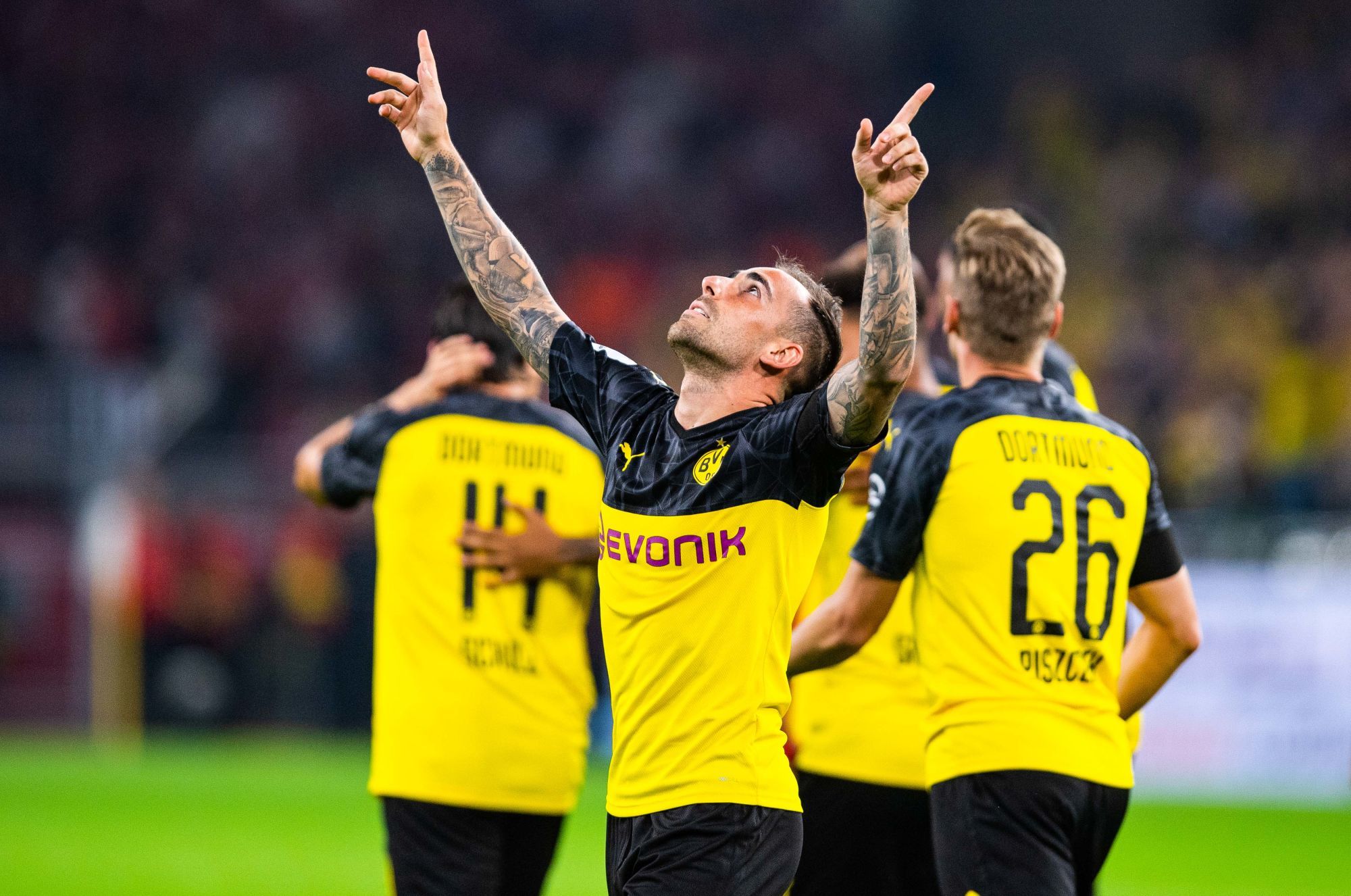 03 August 2019, North Rhine-Westphalia, Dortmund: Soccer: DFL Supercup, Borussia Dortmund - Bayern Munich in Signal Iduna Park. Dortmund's scorer to 1:0, Paco Alcacer cheers his goal to 1:0 Photo : PictureAlliance / Icon Sport