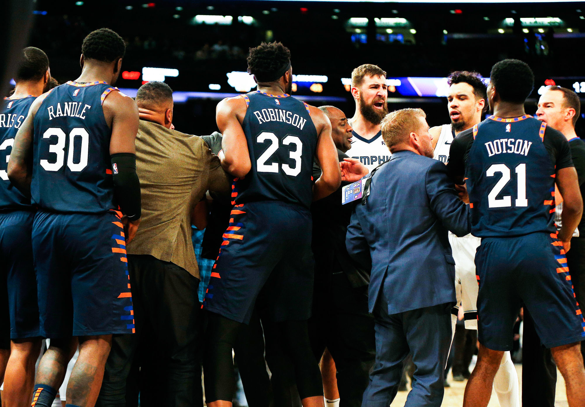 Jan 29, 2020; New York, New York, USA; Memphis Grizzlies players and coaches and New York Knicks
