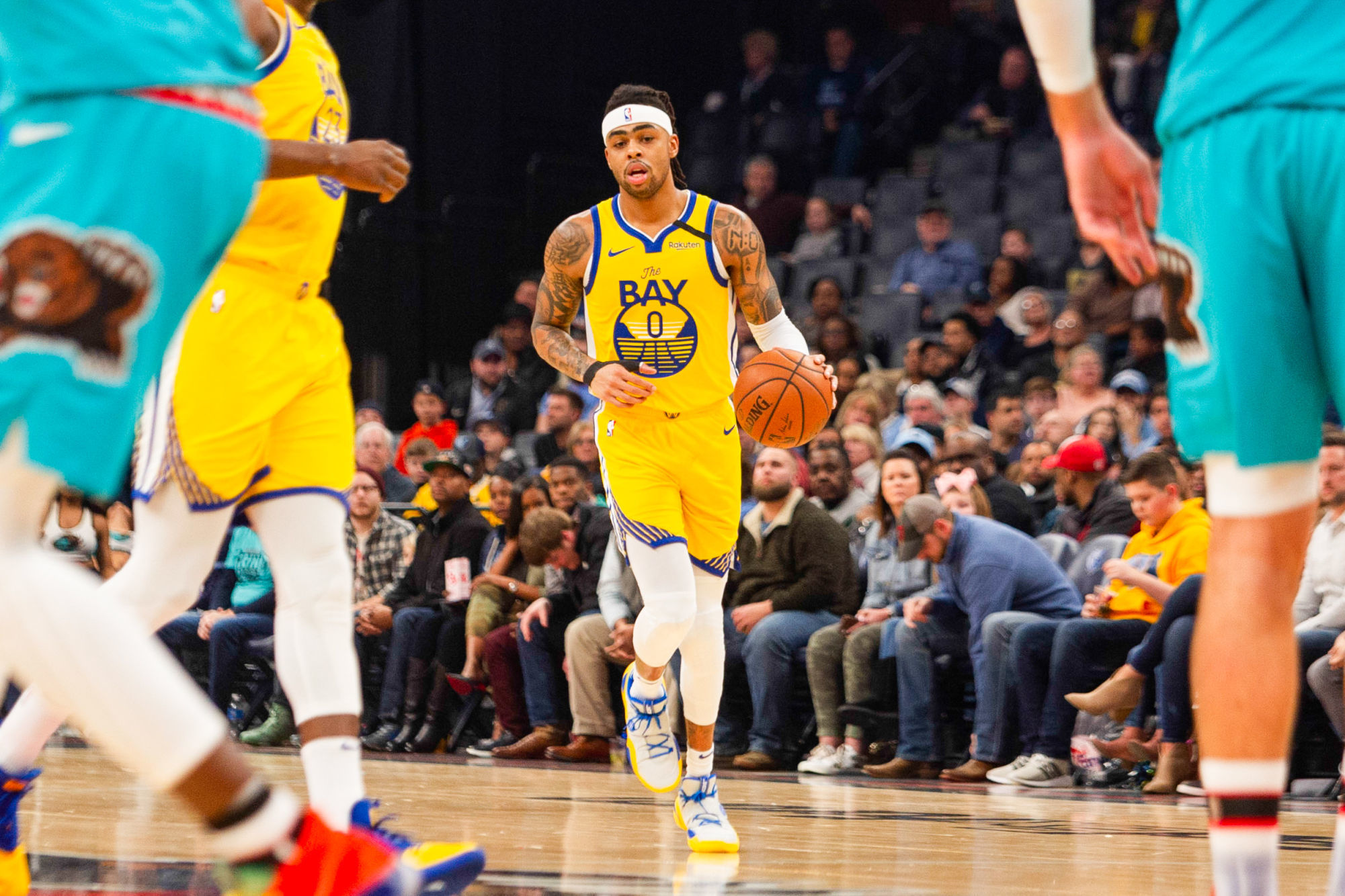 Jan 12, 2020; Memphis, Tennessee, USA; Golden State Warriors guard D'Angelo Russell (0) brings the ball up court during the first half against the Memphis Grizzlies  at FedExForum. Mandatory Credit: Justin Ford-USA TODAY Sports/Sipa USA 

Photo by Icon Sport - D'Angelo RUSSELL - FedEx Forum - Memphis (Etats Unis)