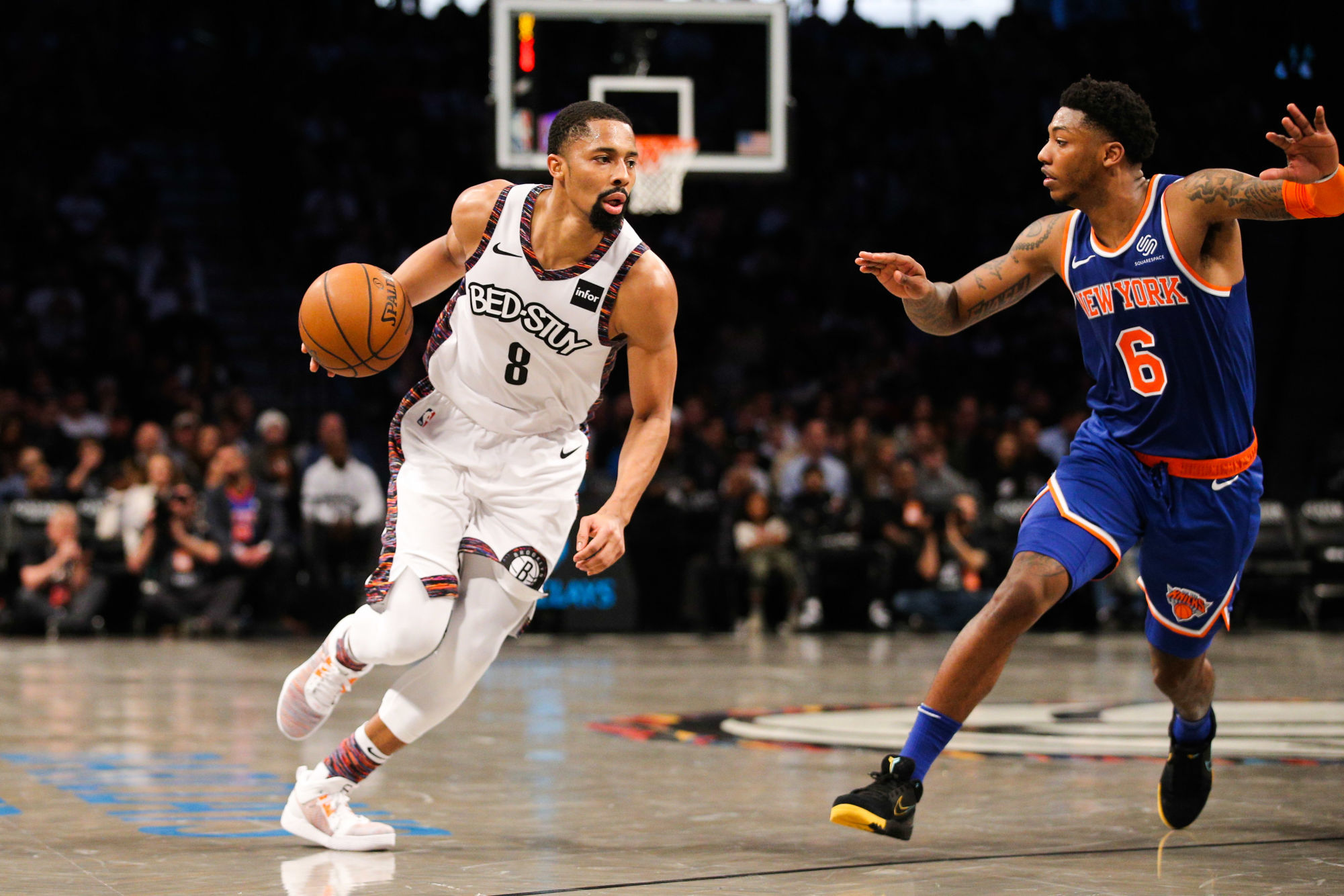 Dec 26, 2019; Brooklyn, New York, USA; Brooklyn Nets point guard Spencer Dinwiddie (8) drives the ball against New York Knicks point guard Elfrid Payton (6) during the third quarter at Barclays Center. Mandatory Credit: Brad Penner-USA TODAY Sports/Sipa USA 

Photo by Icon Sport - Spencer DINWIDDIE - Elfrid PAYTON - Barclays Center - Brooklyn (Etats Unis)