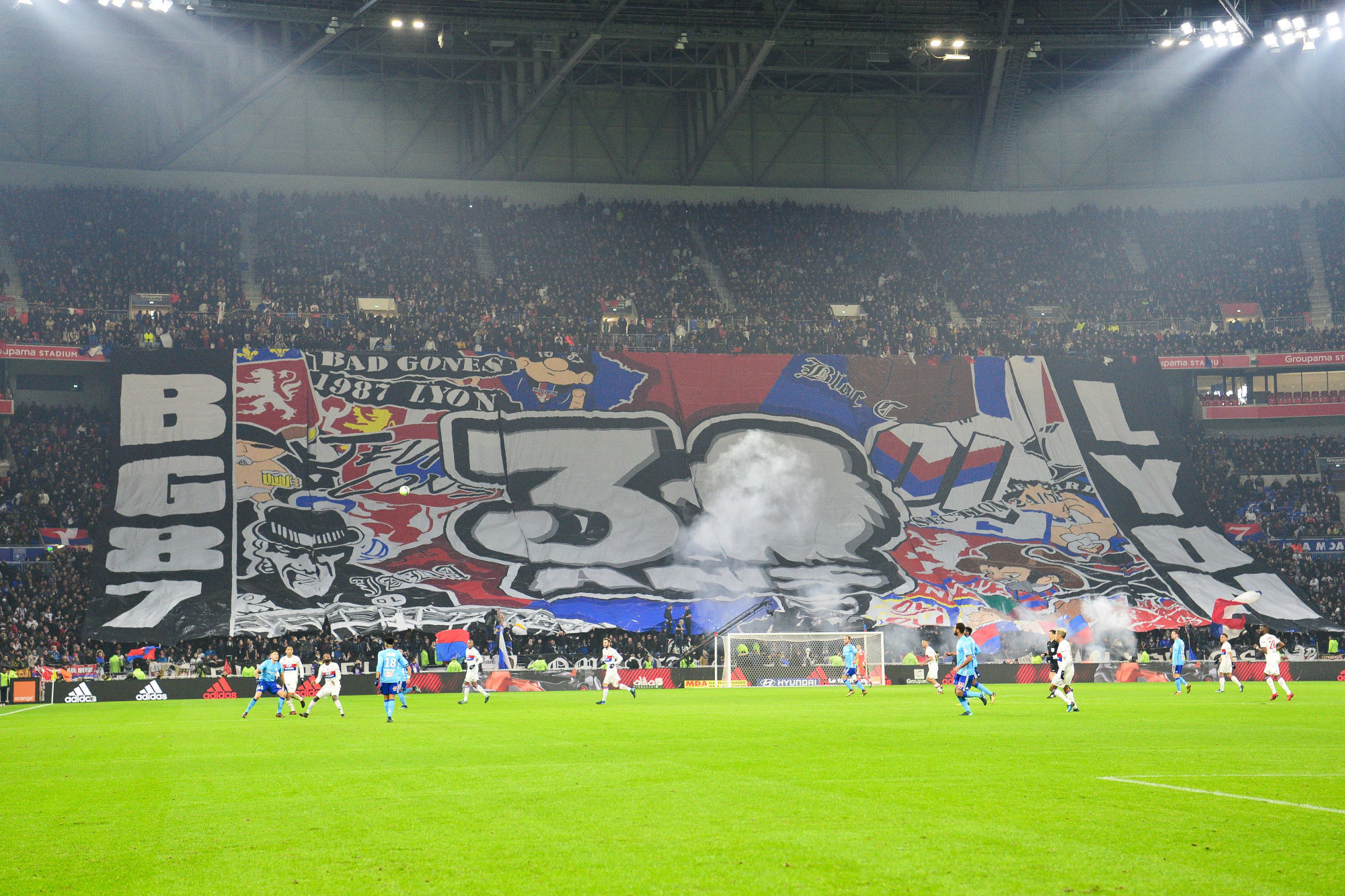 The Lyon supporters group Bad Gones celebrate their 30th anniversary during the Ligue 1 match between Olympique Lyonnais and Olympique Marseille at Parc Olympique on December 17, 2017 in Lyon, France. (Photo by Dave Winter/Icon Sport)