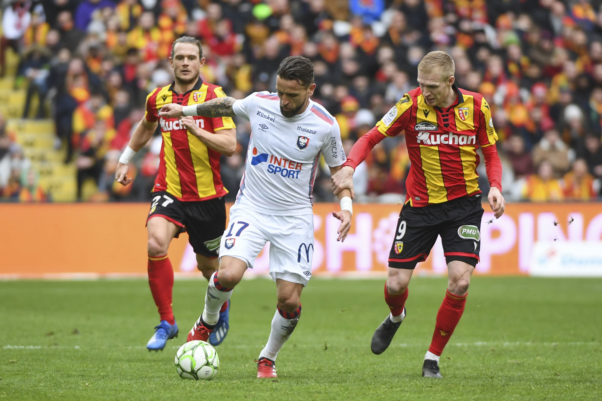 Anthony GONCALVES of Caen and Gaetan ROBAIL of Lens during the Ligue 2 match between Lens and Caen on February 22, 2020 in Lens, France. (Photo by Aude Alcover/Icon Sport) - Stade Bollaert-Delelis - Lens (France)