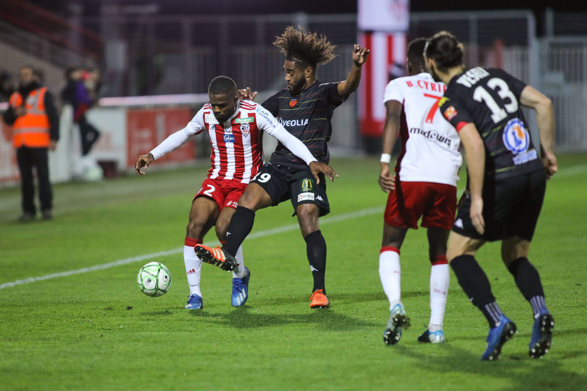 Gedeon KALULU of Ajaccio and Georges GOPE FENEPEJ of Le Mans during the Ligue 2 match between AC Ajaccio and Le Mans on February 21, 2020 in Ajaccio, France. (Photo by Michel Luccioni/Icon Sport) - Stade François-Coty - Ajaccio (France)