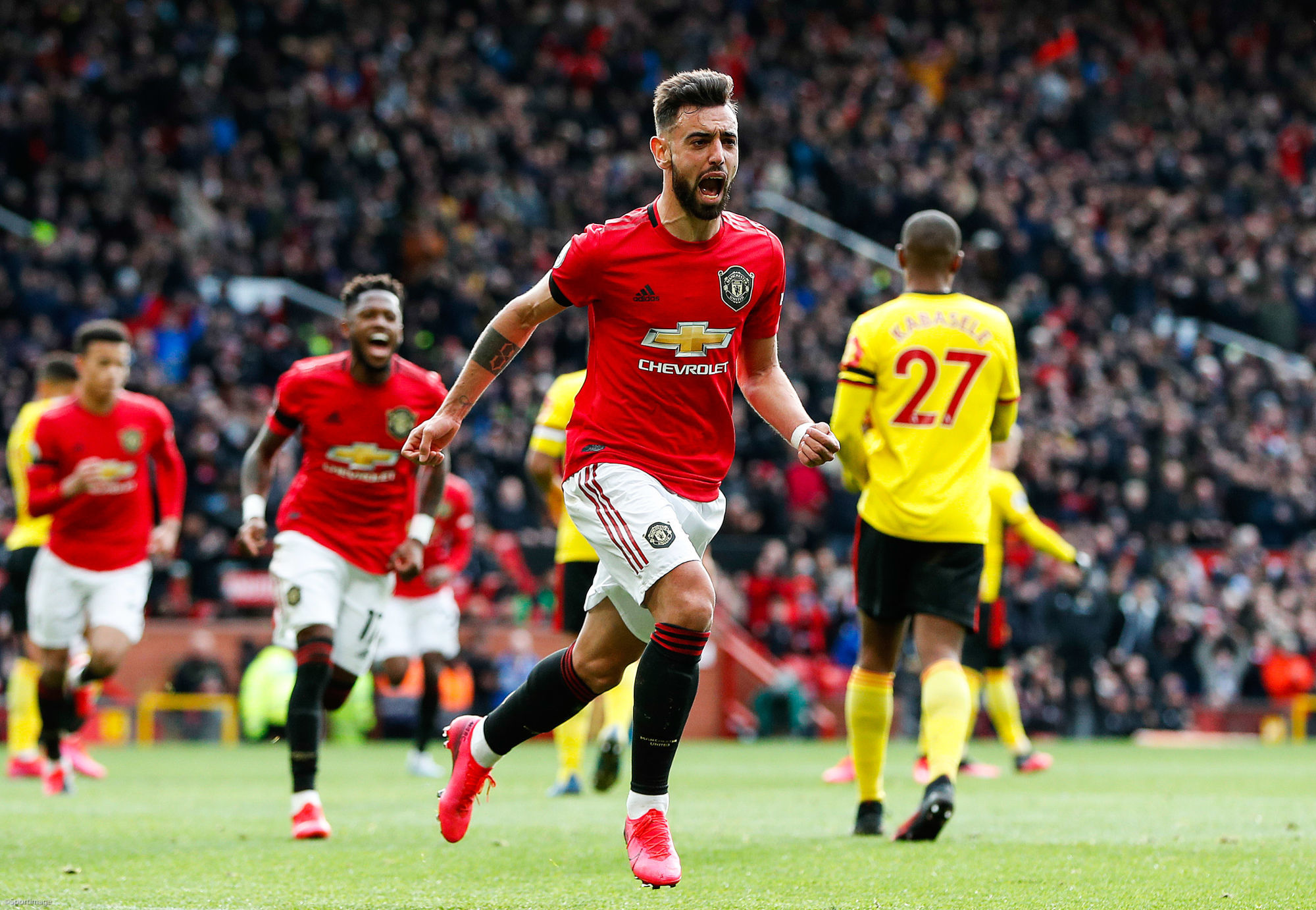 Buno Fernandes of Manchester United celebrates scoring a penalty during the Premier League match against Watford at Old Trafford, Manchester. Picture date: 23rd February 2020. Picture credit should read: Darren Staples/Sportimage 

Photo by Icon Sport - Leigh Sports Village - Manchester (Angleterre)
