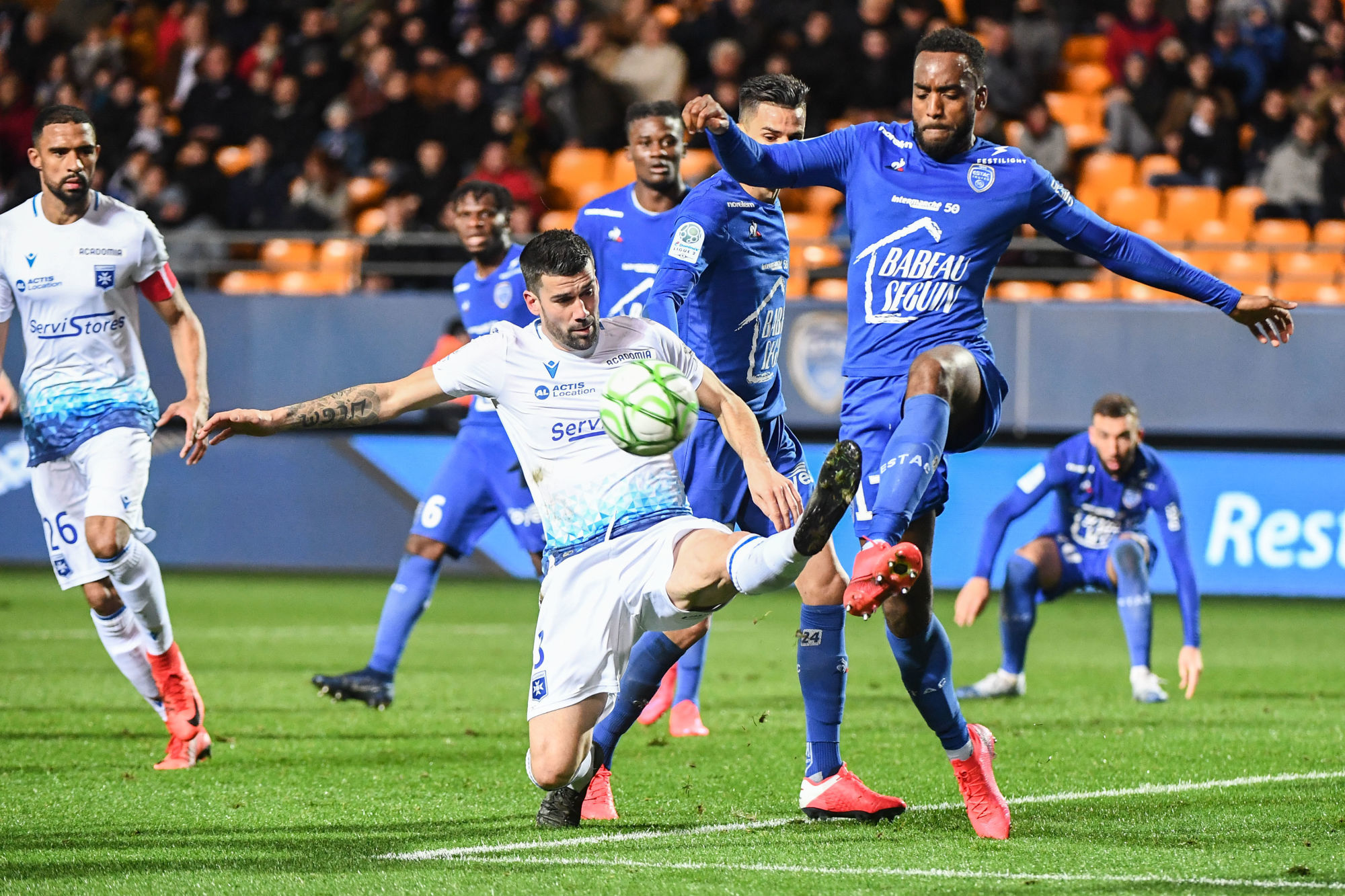 Quentin BERNARD of Auxerre an Yoann SALMIER of Troyes during the Ligue 2 match between Troyes and Auxerre at Stade de l'Aube on February 24, 2020 in Troyes, France. (Photo by Anthony Dibon/Icon Sport) - Stade de l'Aube - Troyes (France)