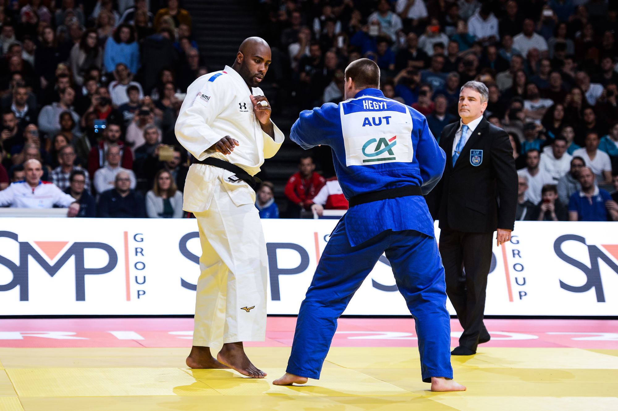 Teddy RINER of France and Stephan HEGYI of Austria during the Paris Grand Slam on February 9, 2020 in Paris, France. (Photo by Baptiste Fernandez/Icon Sport) - Bercy AccorHotels Arena - Paris (France)