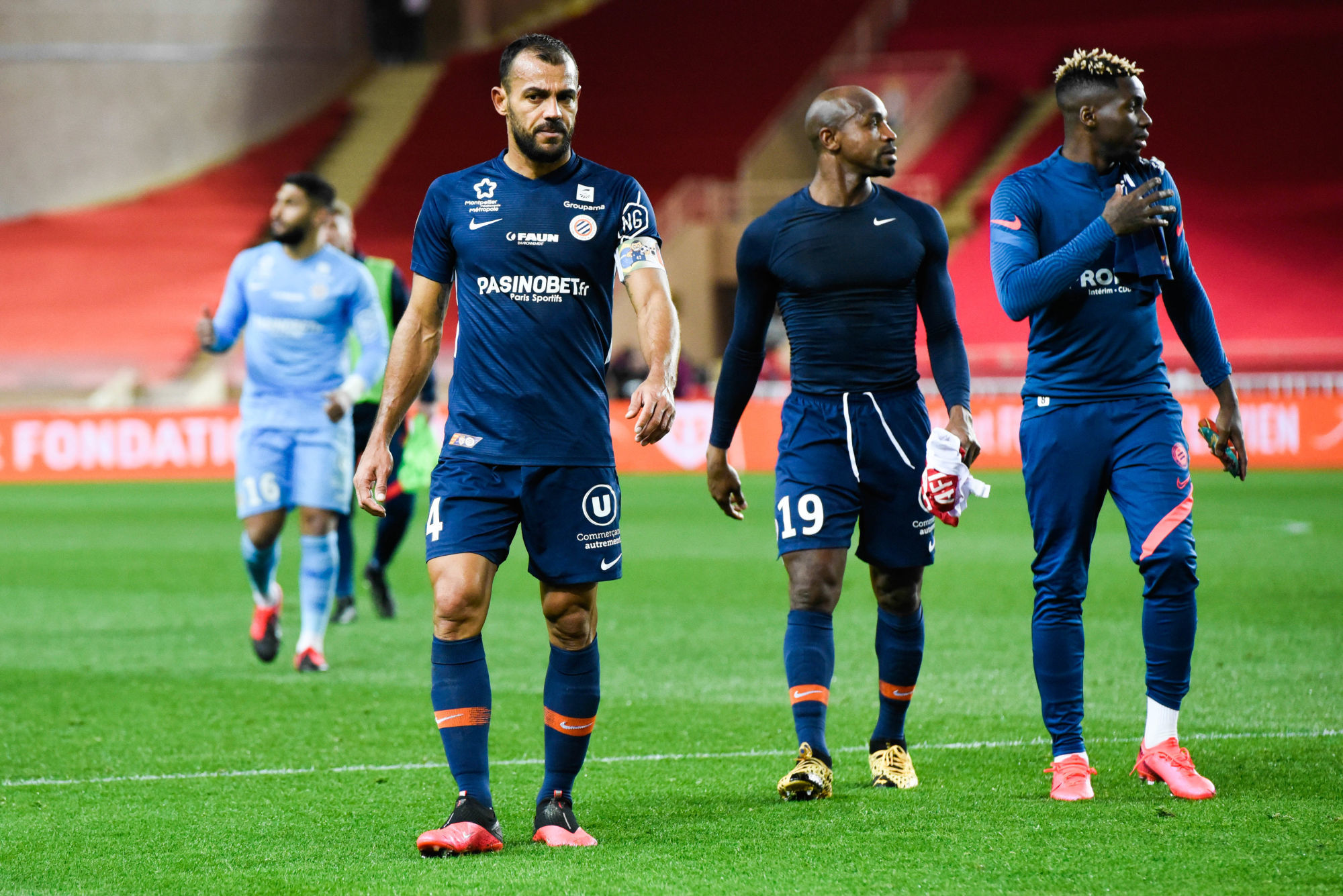 HILTON and Souleymane CAMARA of Montpellier during the Ligue 1 match between Monaco and Montpellier at Stade Louis II on February 14, 2020 in Monaco, Monaco. (Photo by Pascal Della Zuana/Icon Sport) - Vitorino HILTON - Souleymane CAMARA - Ambroise Oyongo BITOLO - Stade Louis-II - Monaco (France)