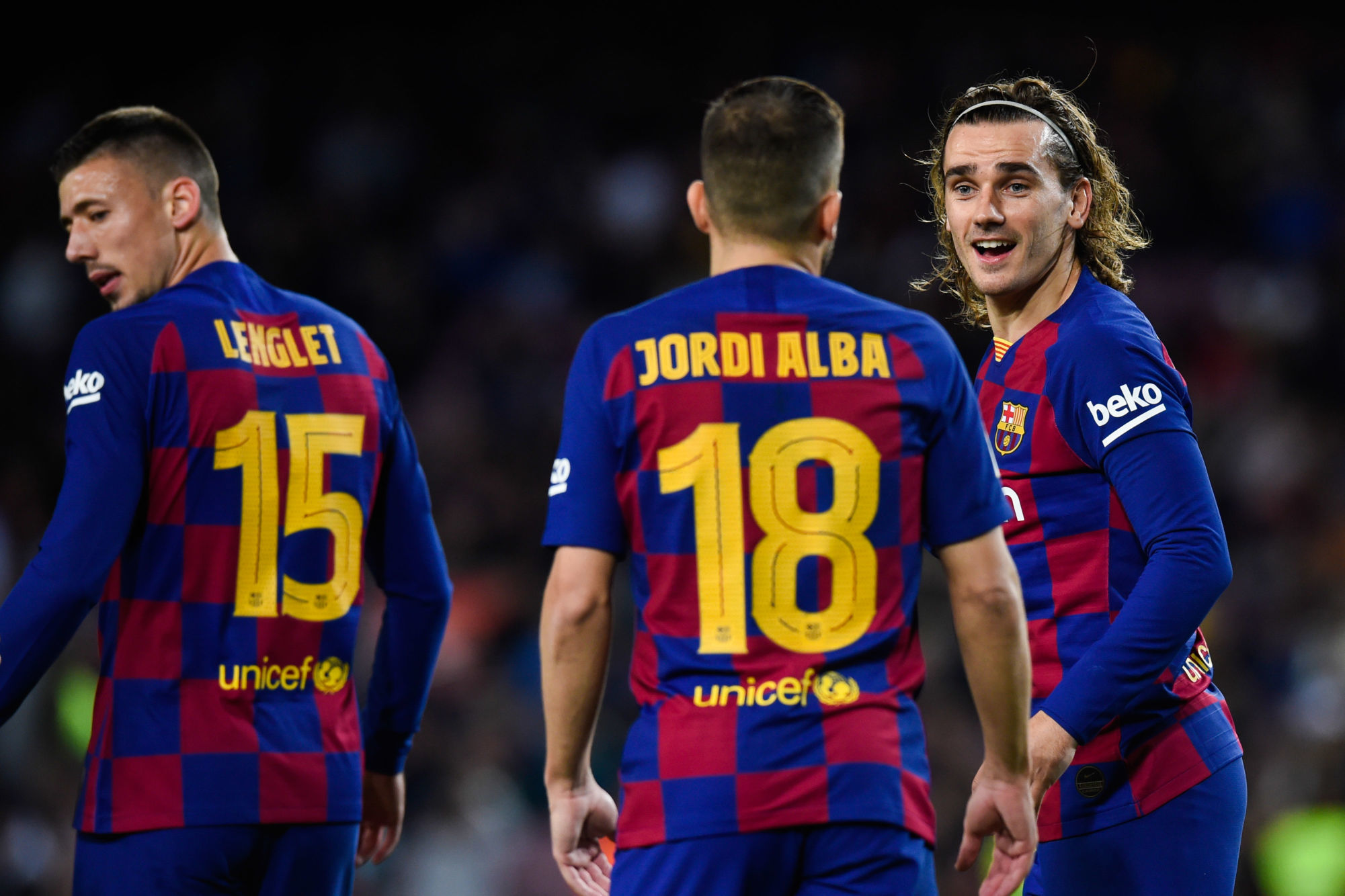 Antoine Griezmann of FC Barcelona with Jordi Alba and Clement Lenglet during the Spanish King Cup match between Barcelone and Leganes at Camp Nou on January 30, 2020 in Barcelona, Spain. (Photo by Pressinphoto/Icon Sport) - Antoine GRIEZMANN - Clement LENGLET - Jordi ALBA - Camp Nou - Barcelone (Espagne)