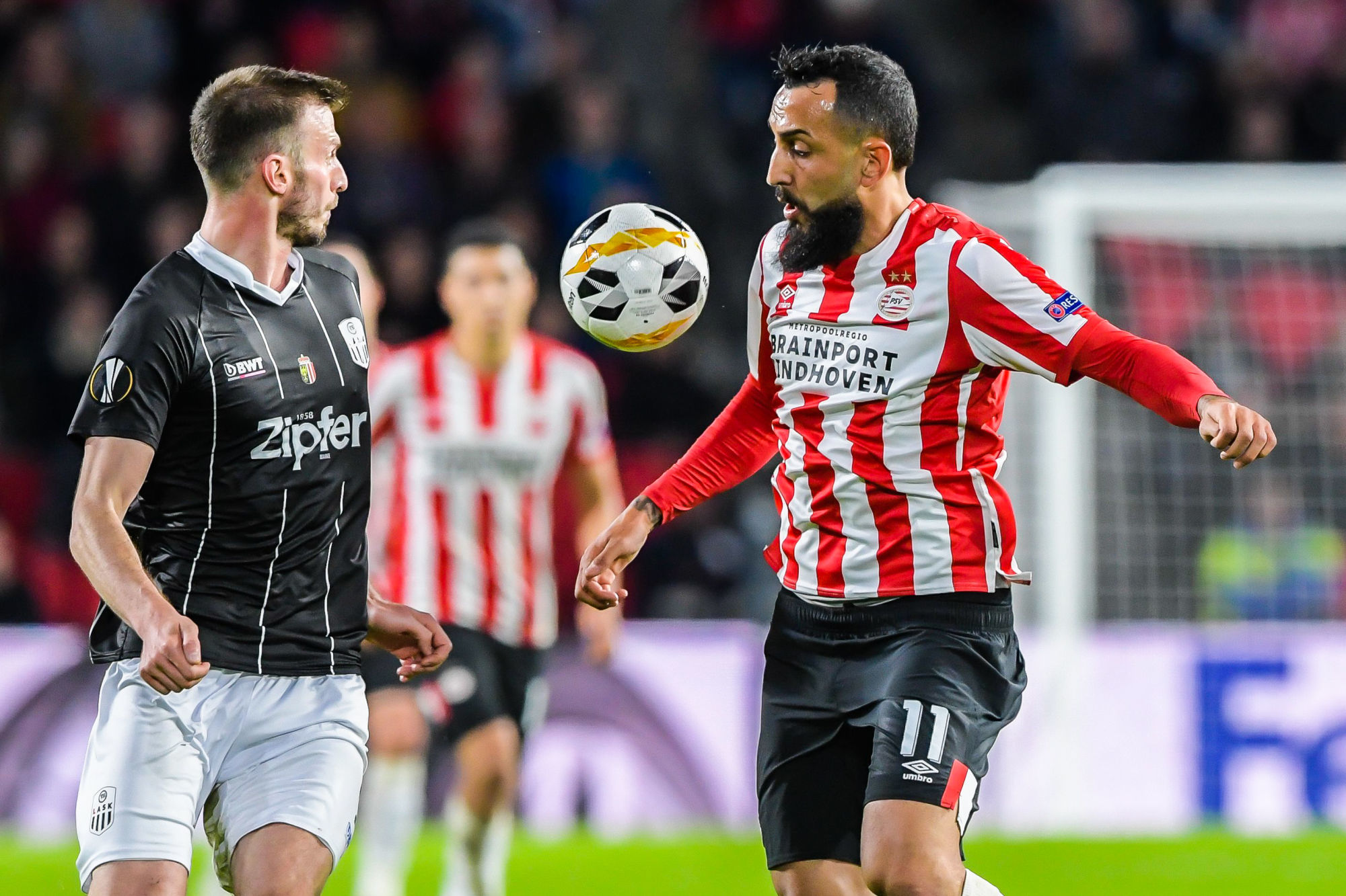 (L-R) Petar Filipovic of Lask Linz, Konstantinos Mitroglou of PSV during the UEFA Europa League group D match between PSV Eindhoven and LASK at the PSV stadium on October 24, 2019 in Eindhoven, The Netherlands 

Photo by Icon Sport - Petar FILIPOVIC - Kostas MITROGLOU - Philips Stadion - Eindhoven (Pays Bas)