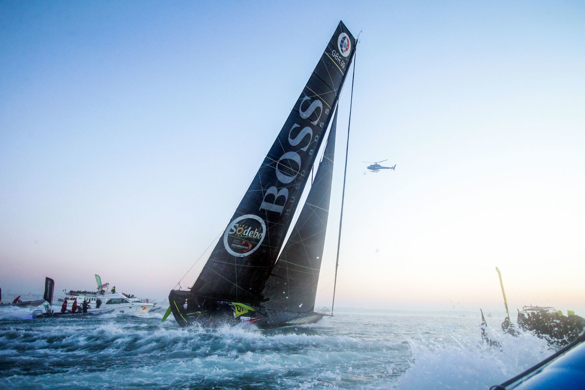 British sailor Alex Thomson as he comes in second in the Vendee Globe race at Les Sables d'Olonne, western France. On January 19, 2017.