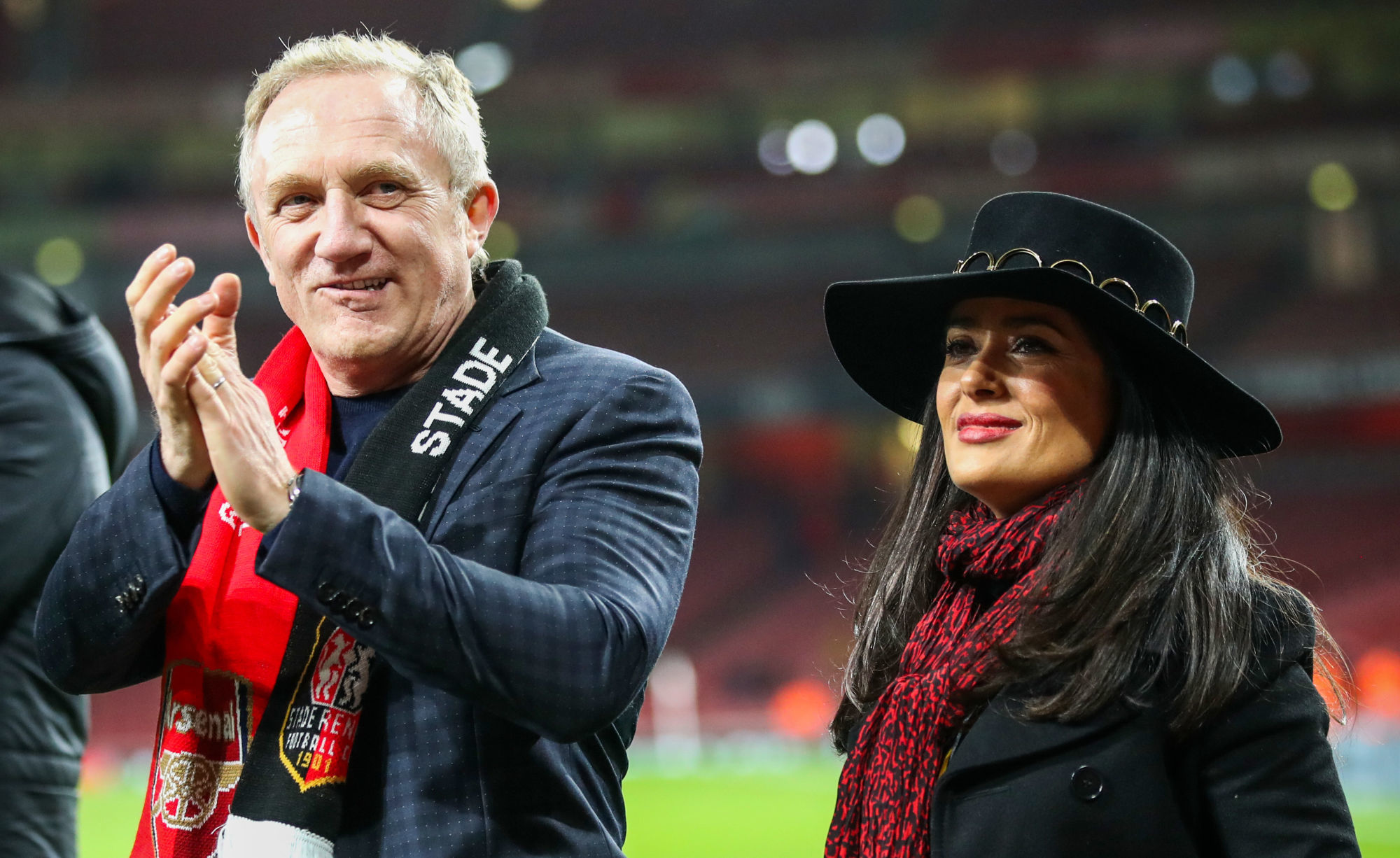 Francois Henri-Pinault and Salma Hayek react after the final whistle during the UEFA Europa League match between Arsenal and Rennes on 16th March 2019 Photo : PA Images / Icon Sport