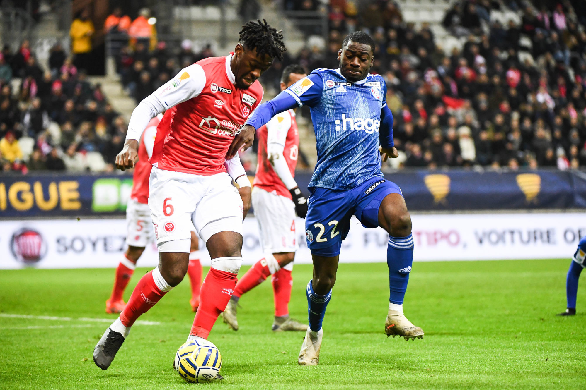 (Photo by Anthony Dibon/Icon Sport) - Axel DISASI - Youssouf FOFANA - Stade Auguste-Delaune - Reims (France)