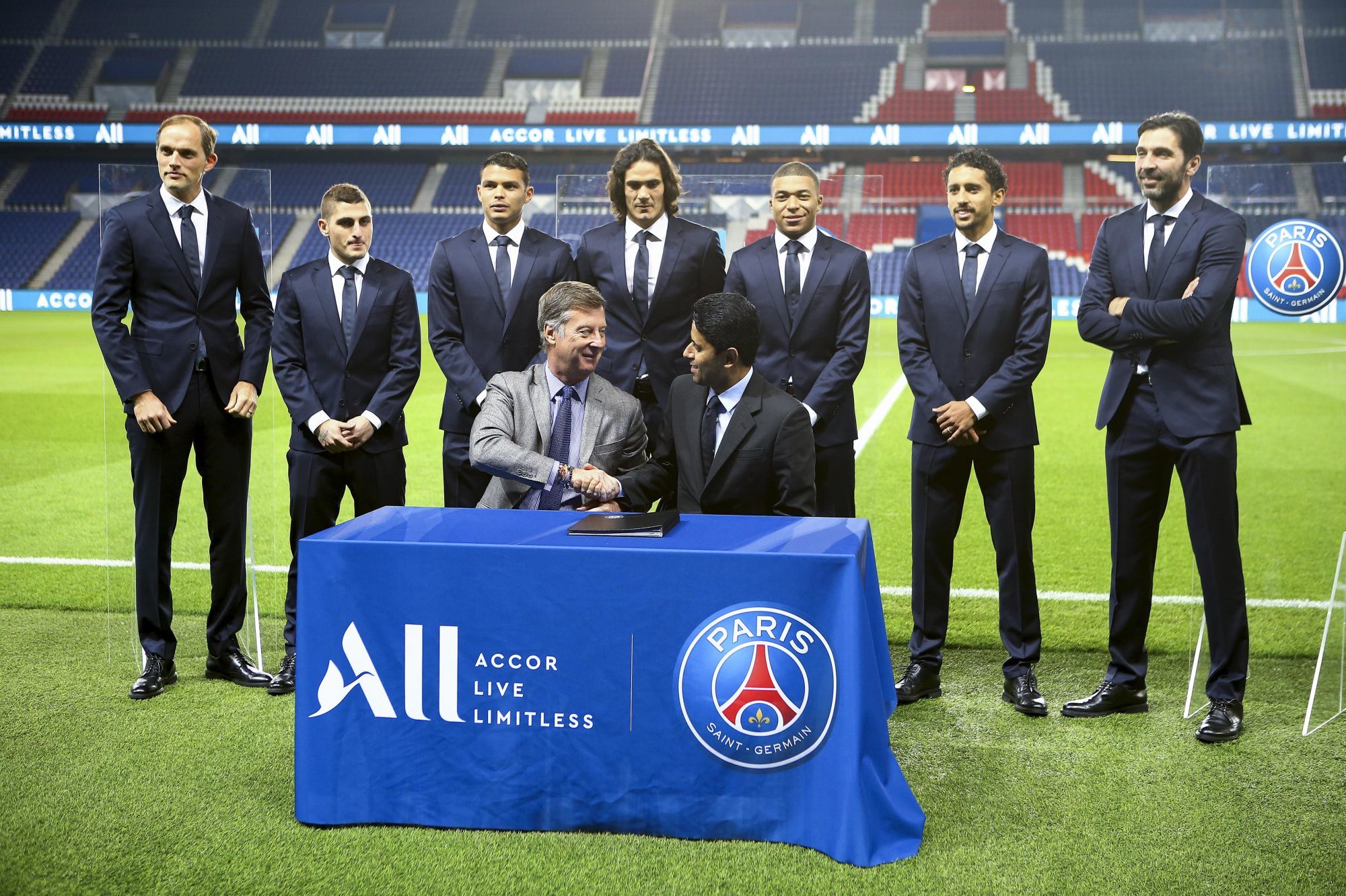 Thomas Tuchel trainer of Paris Saint Germain, Marco Verratti of Paris Saint Germain , Thiago Silva of Paris Saint Germain , Edinson Cavani of Paris Saint Germain, Kylian Mbappe of Paris Saint Germain , Marquinhos of Paris Saint Germain, Gianluigi Buffon of Paris Saint Germain, Sebastien Bazin and Nasser Al Khelaifi during a Paris Saint Germain Press Conference to announce Accor Live Limitless  as new jersey sponsor on February 22, 2019 in Paris, France. (Photo by Pierre Costabadie/Icon Sport)