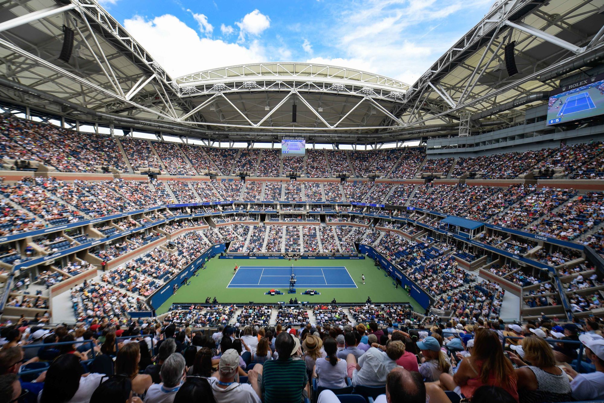 Illustration picture shows Arthur Ashe stadium during a tennis match between Belgian David Goffin (ATP 15) and Swiss Roger Federer (ATP 3), in the fourth round of the Men's Singles of the US Open Grand Slam tennis tournament, at Flushing Meadow, in New York City, USA, Sunday 01 September 2019. Photo : Belga / Icon Sport