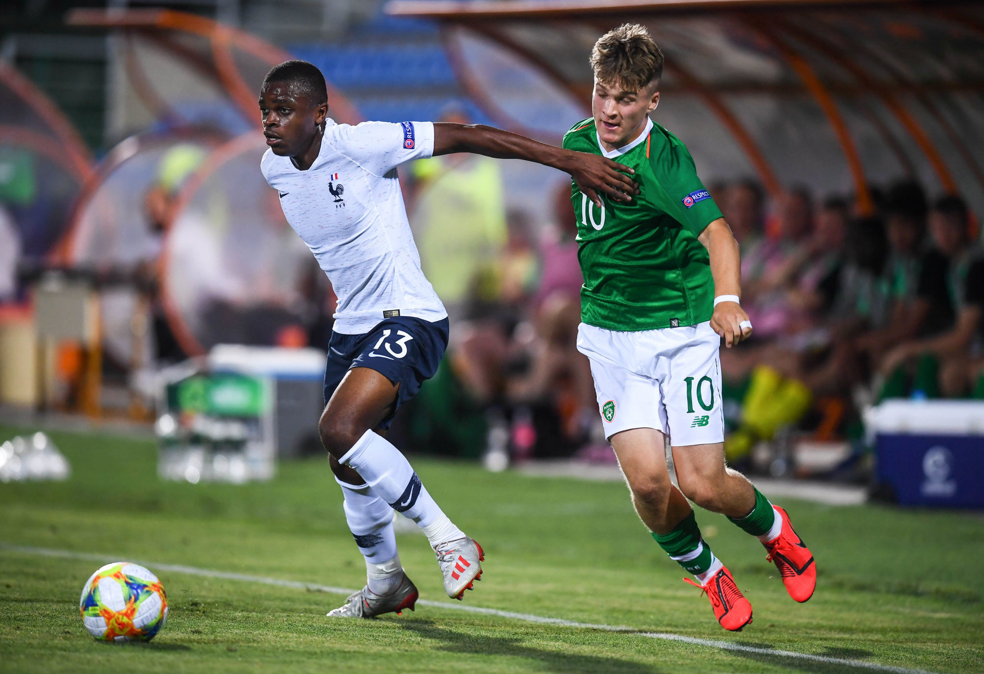 18 July 2019; Pierre Kalulu of France and Matt Everitt of Republic of Ireland during the 2019 UEFA European U19 Championships Group B match between Republic of Ireland and France at Banants Stadium in Yerevan, Armenia. Photo : Sportsfile / Icon Sport