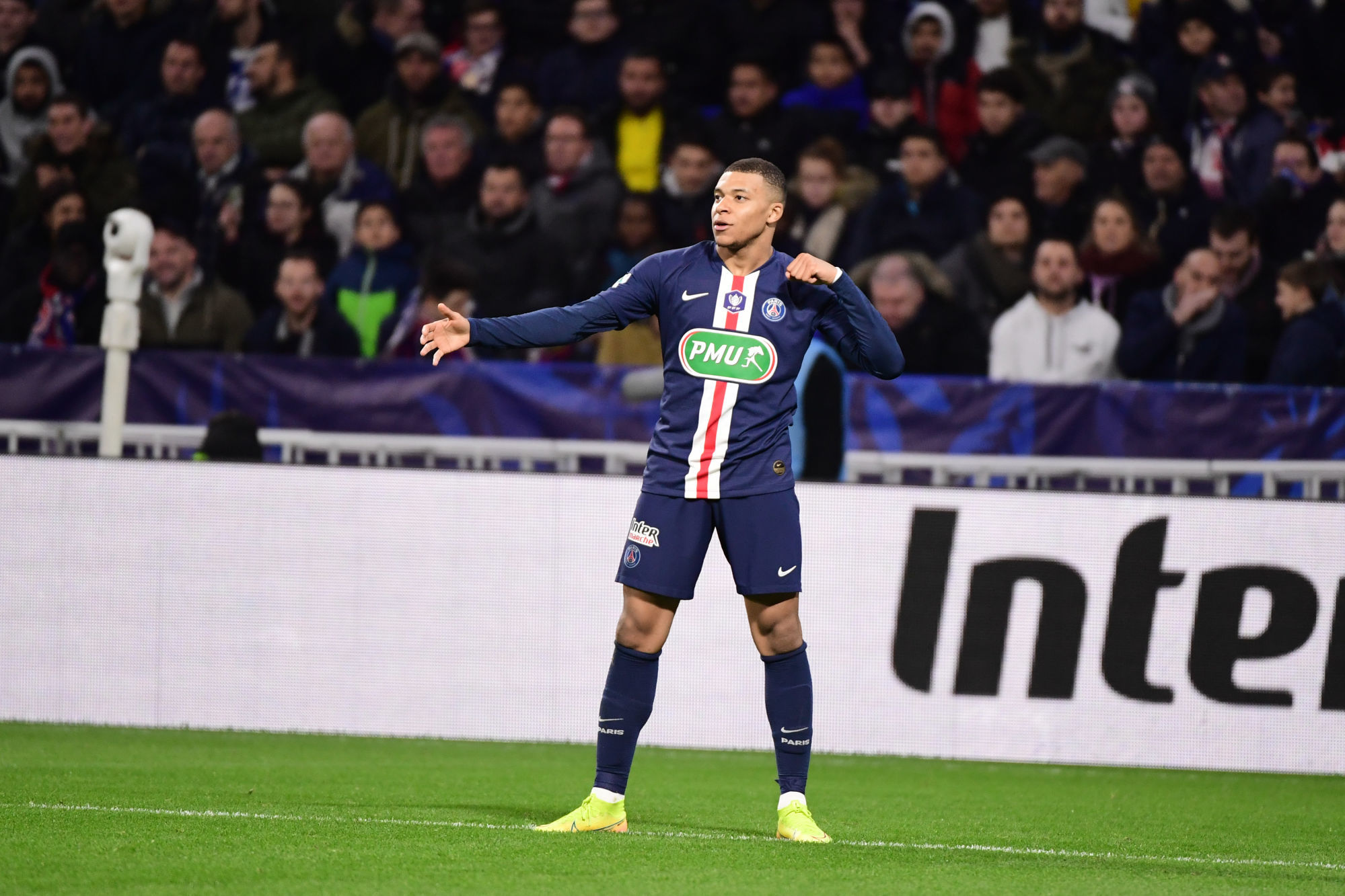 Joy for Kylian MBAPPE of PSG as he puts his side 3-1 ahead during the French Cup semi-final between Olympique Lyonnais and Paris Saint Germain on March 4, 2020 in Lyon, France. (Photo by Dave Winter/Icon Sport) - Kylian MBAPPE - Groupama Stadium - Lyon (France)