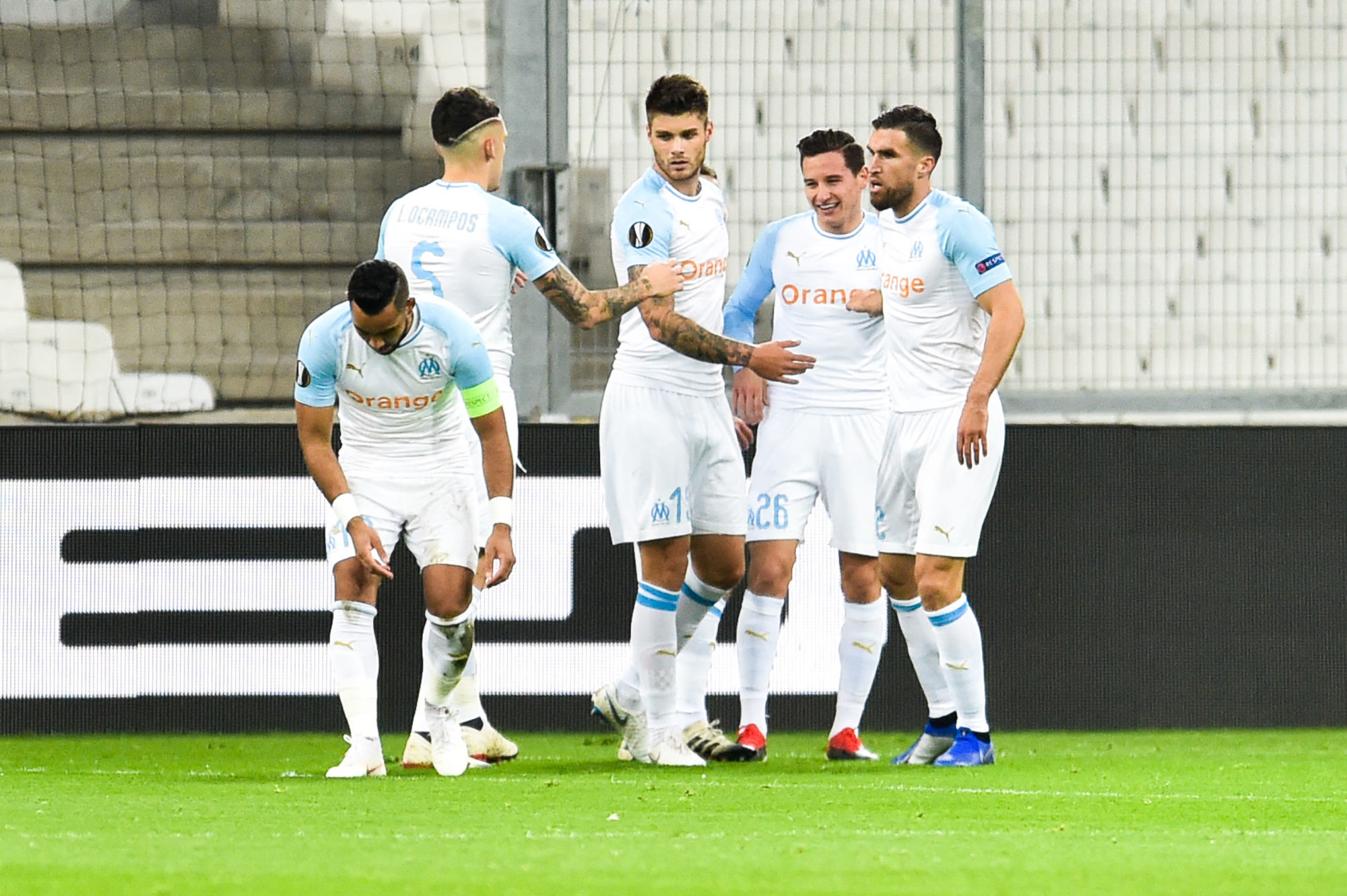 (l-r) Dimitri Payet, Lucas Ocampos, Dujet Caleta Car, Florian Thauvin and Kevin Strootman celebrate the first goal during the Europa League match between Olympique Marseille and Apollon Limassol on December 13, 2018 in Marseille, France. (Photo by Alexandre Dimou/Icon Sport)