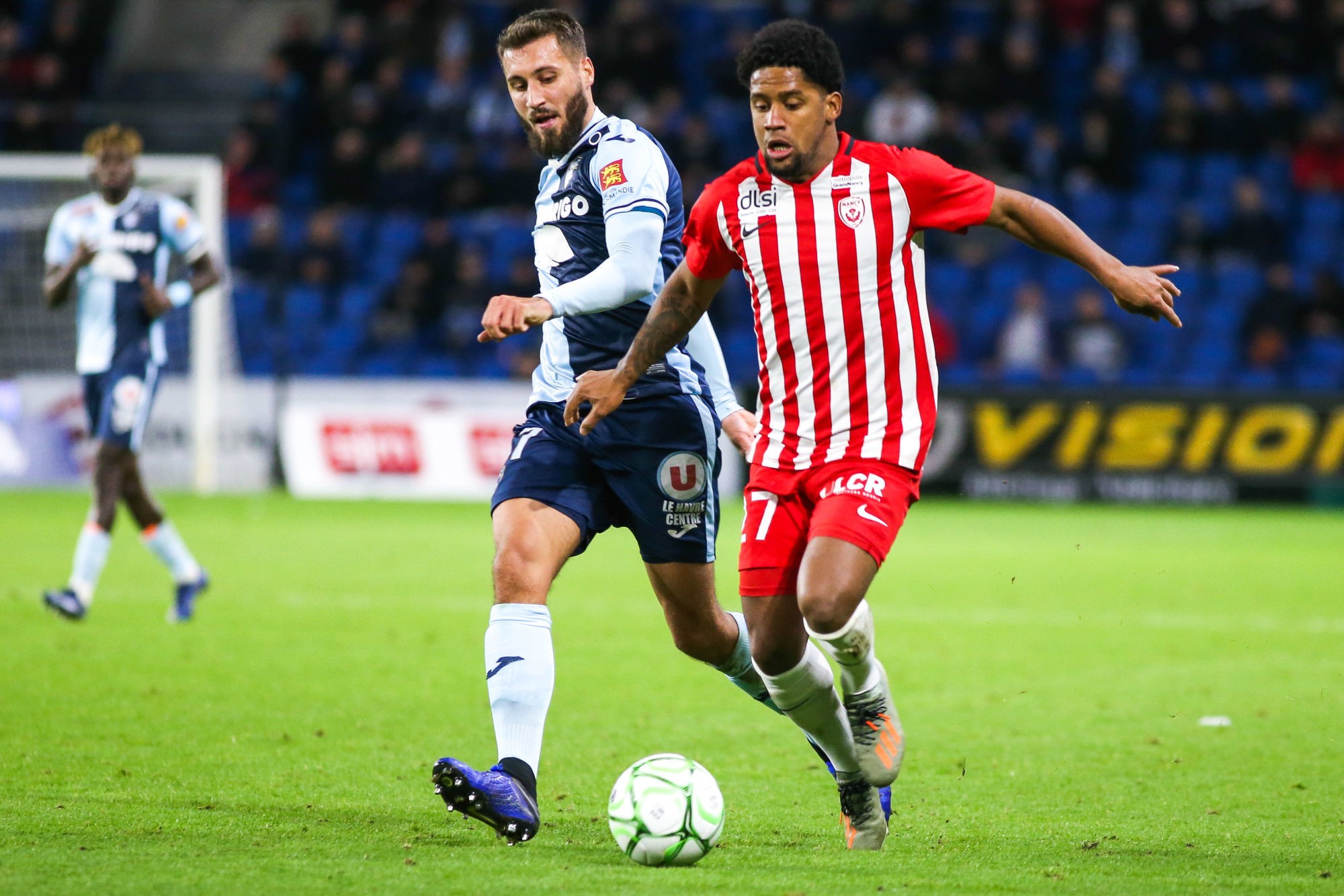 Romain BASQUE of Le Havre and Vagner DIAS GONCALVES of Nancy during the Ligue 2 match between Le Havre and Nancy at Stade Oceane on November 4, 2019 in Le Havre, France. (Photo by Maxime Le Pihif/Icon Sport) - Vagner DIAS GONCALVES - Romain BASQUE - Stade Oceane - Le Havre (France)