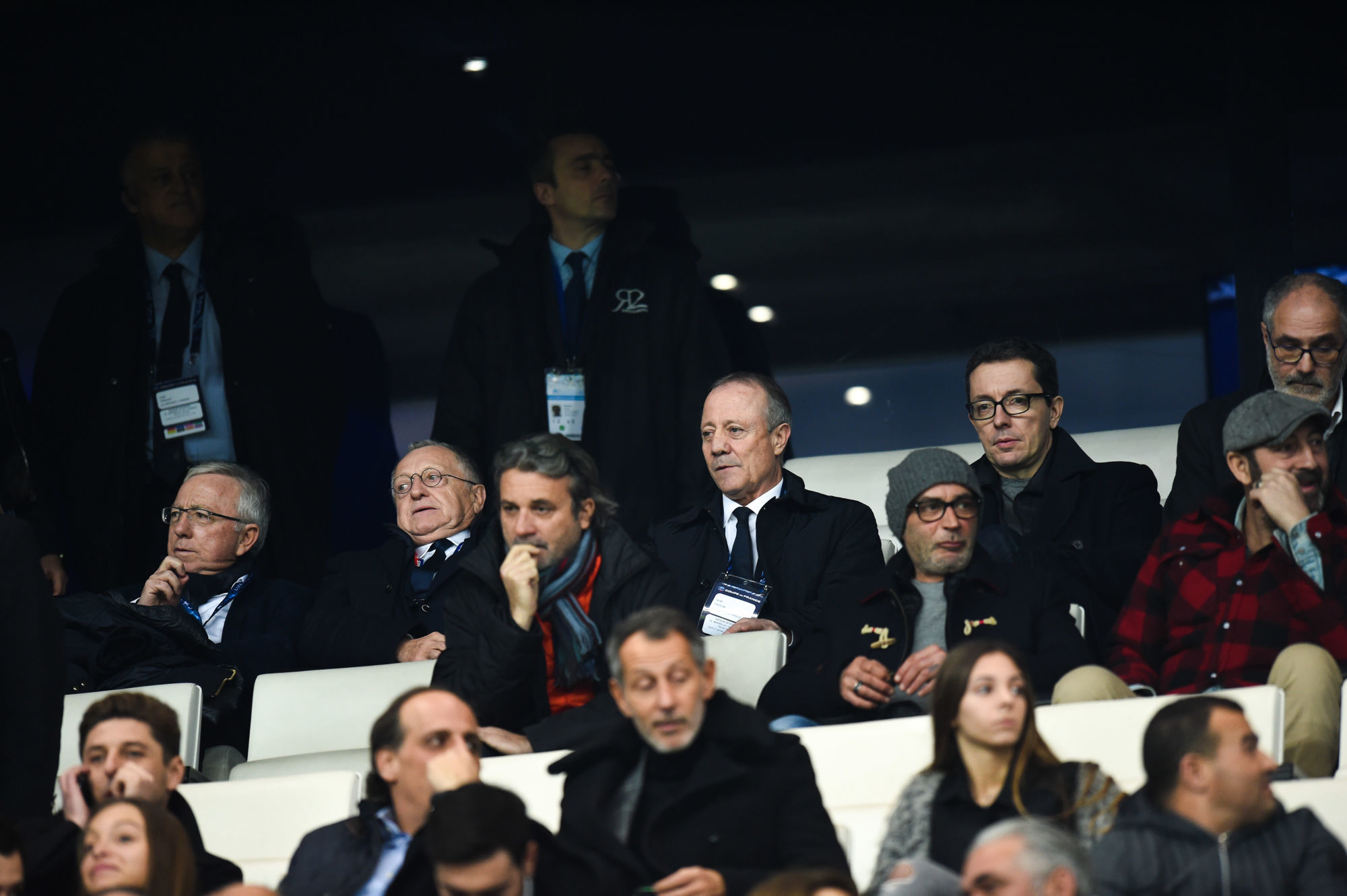 Jean Michel Aulas President of Lyon and Bernard Lacombe of Lyon and Jacques Henri Eyraud MAnager of Marseille during the french national cup match between Olympique de Marseille v Olympique Lyonnais L