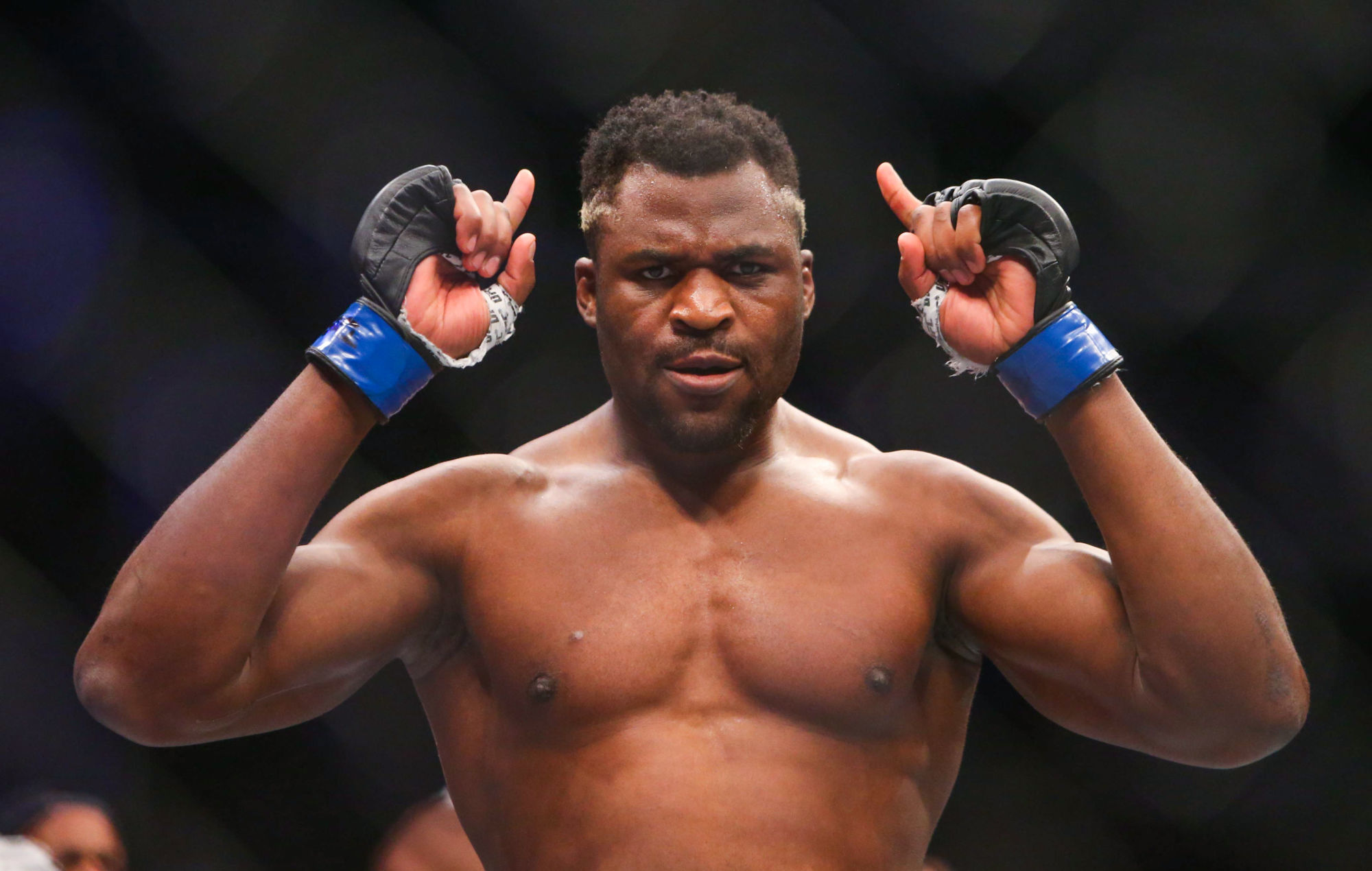 Nov 24, 2018; Beijing, China; Francis Ngannou (blue gloves) defeats Curtis Blaydes (red gloves)  during UFC Fight Night at Cadillac Arena. Photo : SUSA / Icon Sport