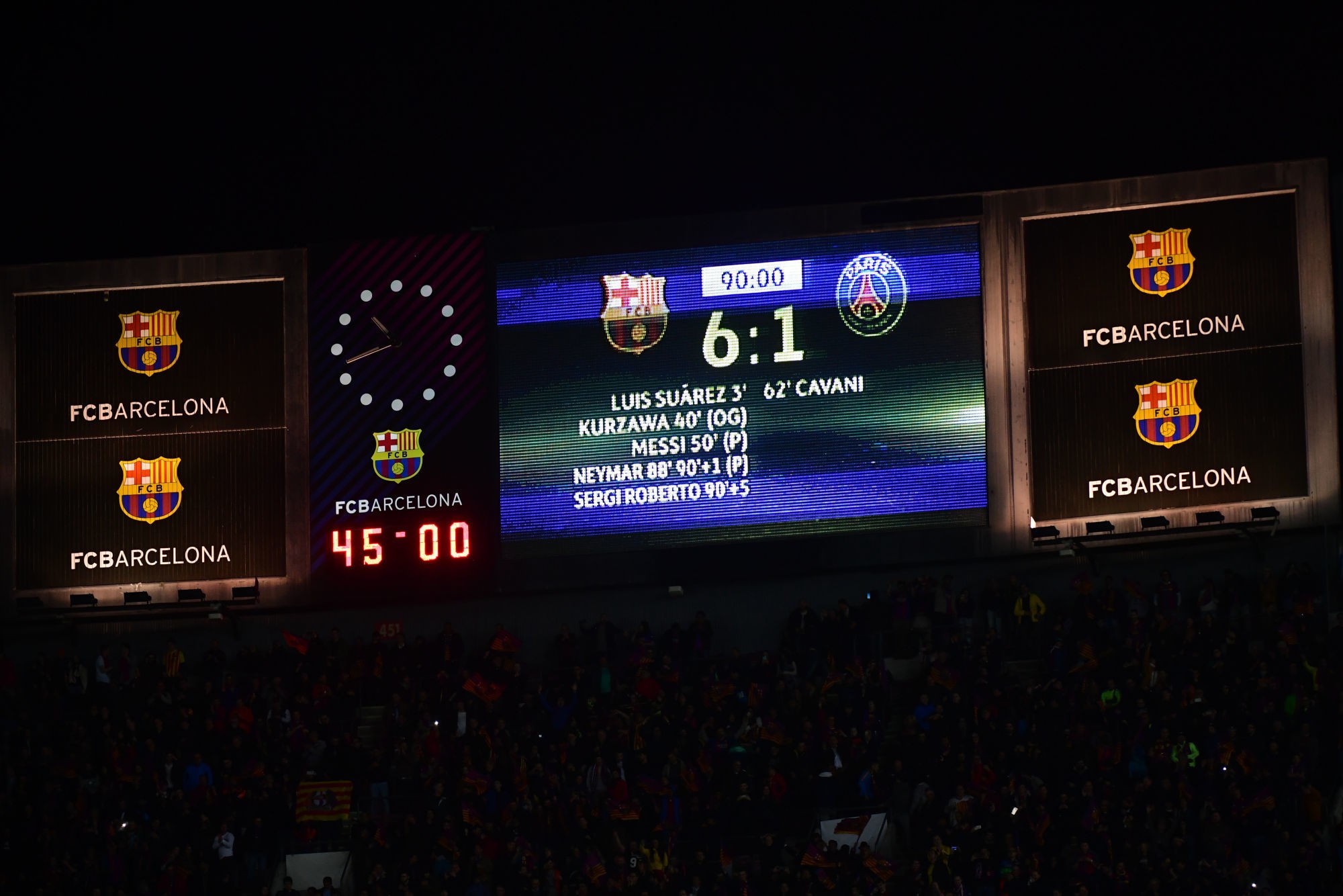 The final score in the Uefa Champions League Round of 16 second leg match between FC Barcelona and Paris Saint Germain at Camp Nou on March 8, 2017 in Barcelona, Spain. (Photo by Dave Winter/Icon Spor