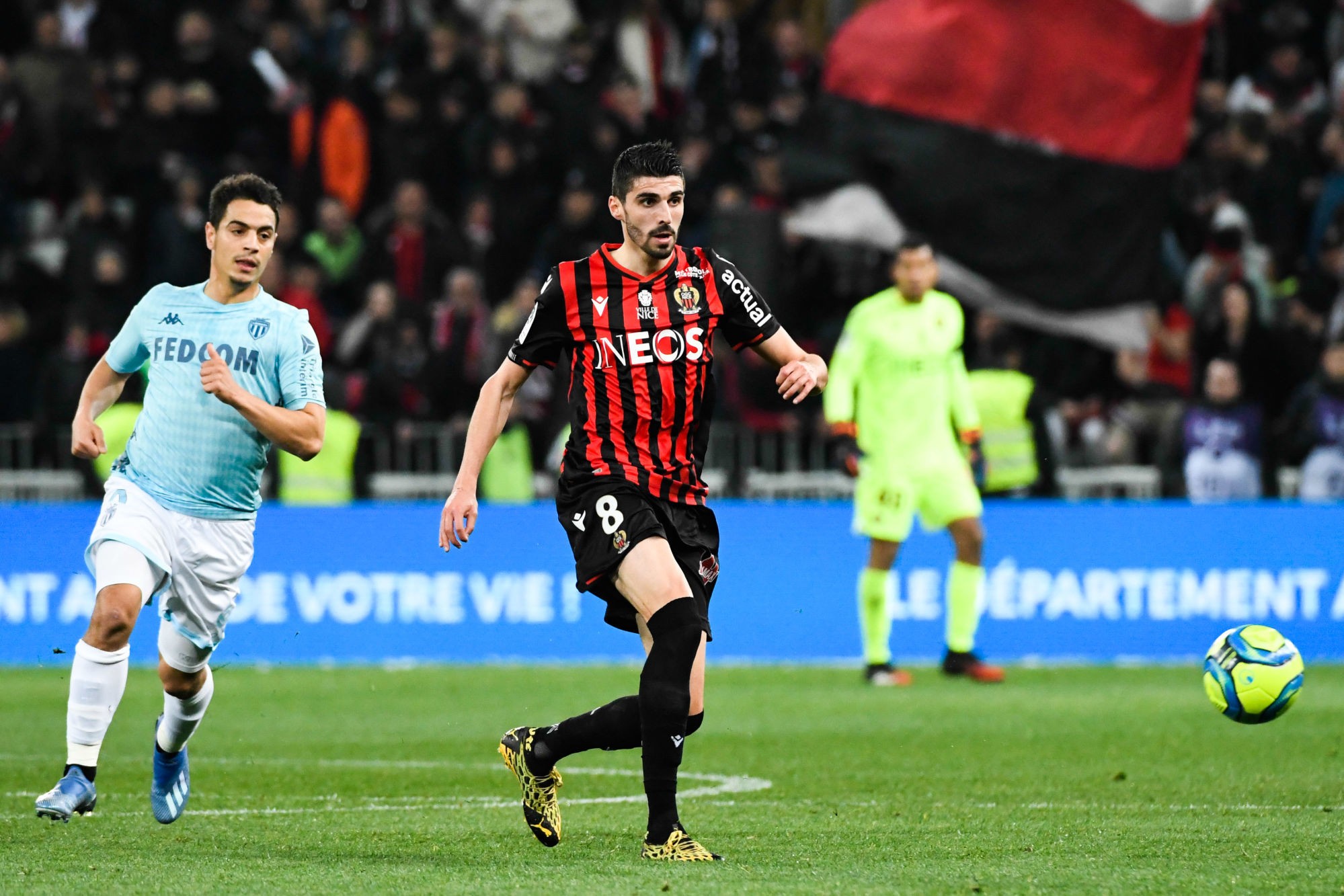 Pierre LEES-MELOU of Nice and Wissam BEN YEDDER of Monaco during the Ligue 1 match between Nice and Monaco at Allianz Riviera on March 7, 2020 in Nice, France. (Photo by Pascal Della Zuana/Icon Sport) - Pierre LEES-MELOU - Wissam BEN YEDDER - Allianz Riviera - Nice (France)