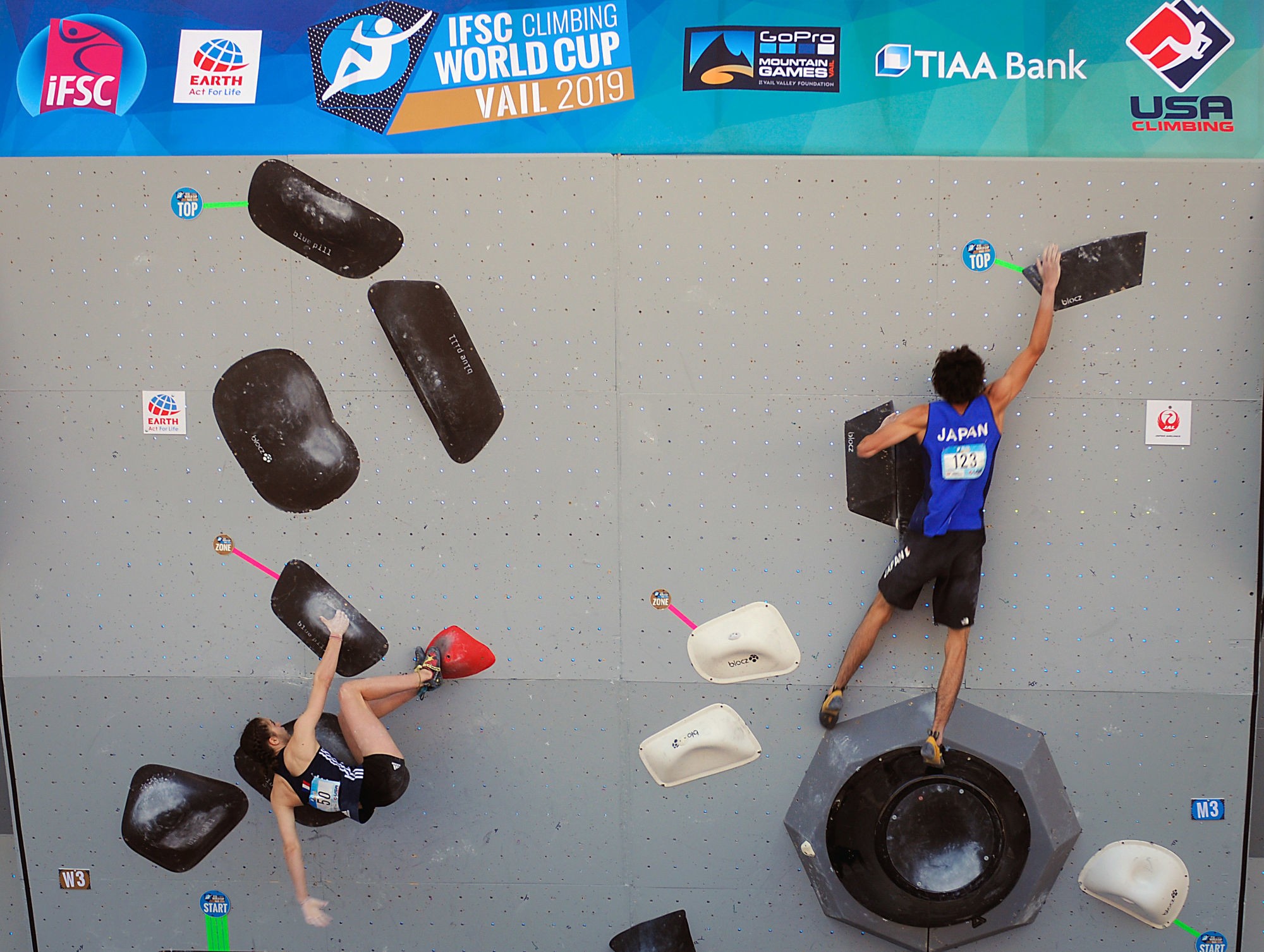 June 8, 2019: France's, Luce Douady #50, and Japan's, Meichi Narasaki #123, in IFSC World Cup climbing competition during the GoPro Mountain Games. Adventure athletes from around the world gather in Vail, Colorado each summer for North America's largest celebration of adventure sports competition, art, and music. Vail, Colorado. 
Photo : Icon Sport