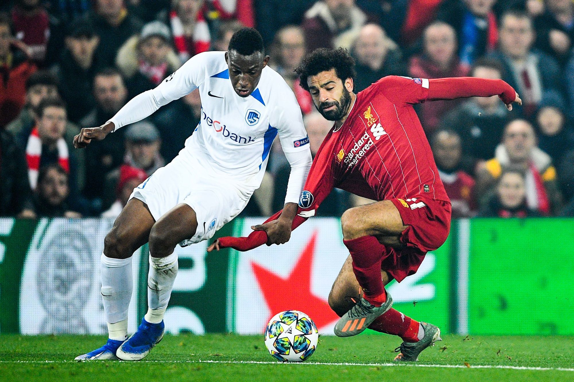 Genk's Jhon Lucumi Bonilla and Liverpool's Mohamed Salah fight for the ball during a soccer game between English club Liverpool FC and Belgian team KRC Genk, Tuesday 05 November 2019 in Liverpool, United Kingdom, game 4/6 in Group A of the group stage of the UEFA Champions League. BELGA PHOTO YORICK JANSENS 


Photo by Icon Sport - Mohamed SALAH - Jhon LUCUMI BONILLA - Anfield Road - Liverpool (Angleterre)