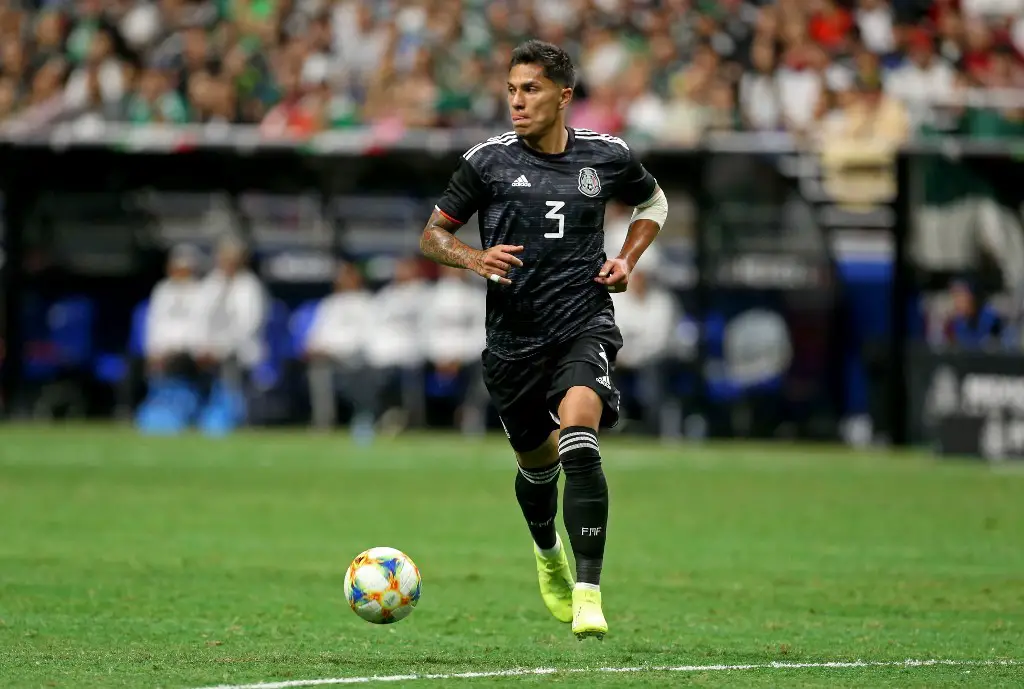 SAN ANTONIO, TX - SEPTEMBER 10: Carlos Salcedo #3 of Mexico heads up field against Argentina during the International Friendly soccer match at the Alamodome on September 10, 2019 in San Antonio, Texas.   Edward A. Ornelas/Getty Images/AFP