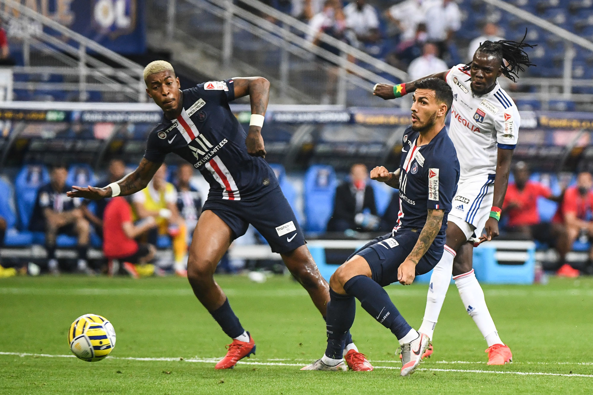 Presnel KIMPEMBE of PSG Bertrand TRAORE of Lyon and Leandro PAREDES of PSG during the French League Cup Final match between Paris Saint Germain and Lyon at Stade de France on July 31, 2020 in Paris, France. (Photo by Anthony Dibon/Icon Sport) - Stade de France - Paris (France)