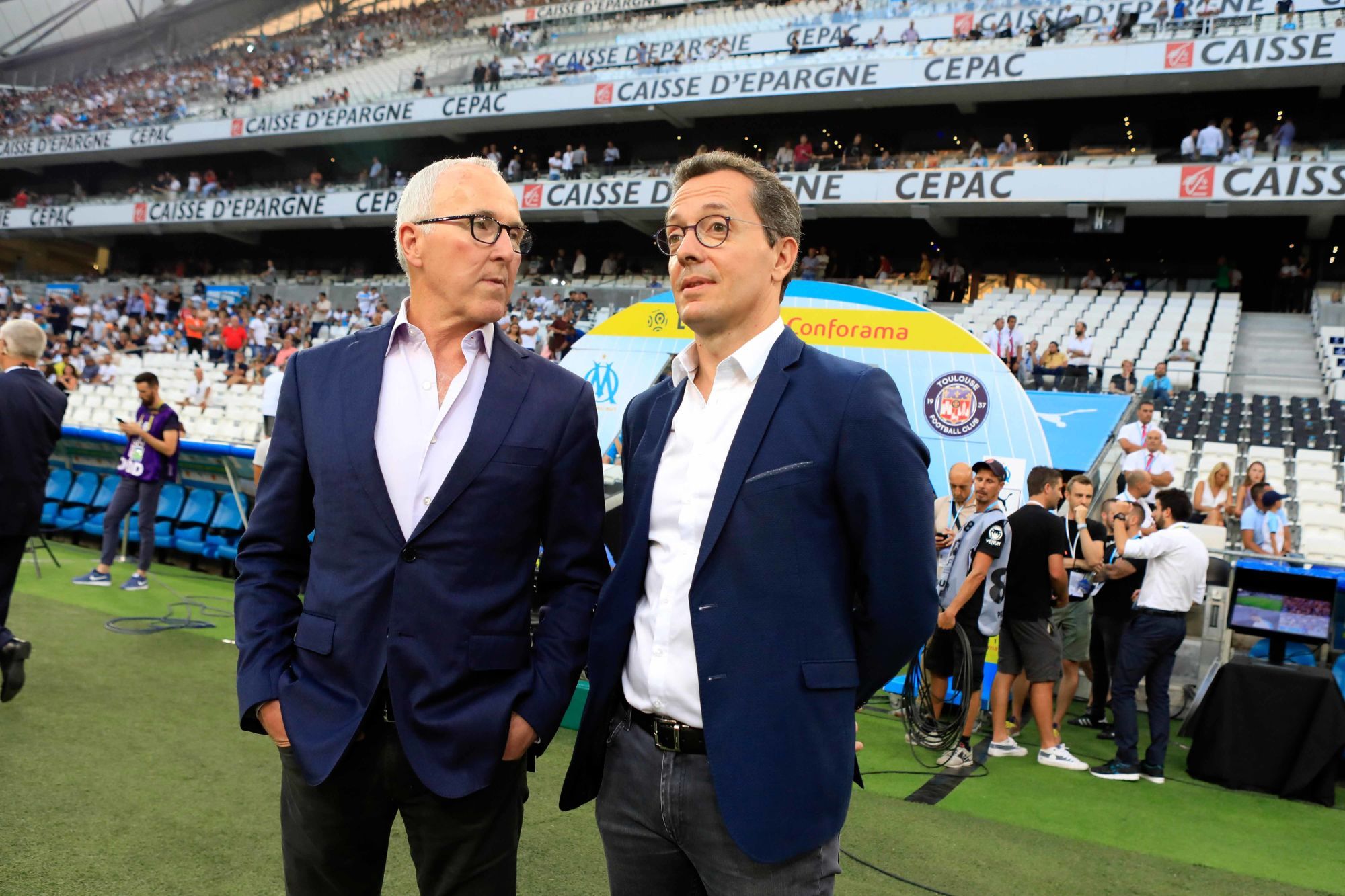 Franck McCourt president of Marseille and Jacques Henry Eyraud during the French Ligue 1 match between Marseille and Toulouse at Stade Velodrome on August 10, 2018 in Marseille, France. (Photo by Guillaume Ruoppolo/Icon Sport)