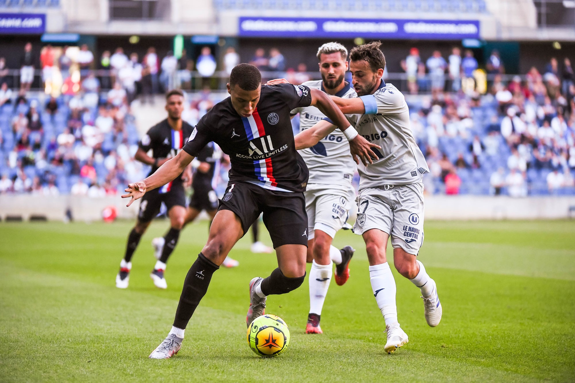 Kylian MBAPPE of Paris Saint Germain and Alexandre BONNET of Le HAvre during the friendly match between HAC Le Havre and Paris Saint Germain (PSG) at Stade Oceane on July 12, 2020 in Le Havre, France. (Photo by Baptiste Fernandez/Icon Sport) - Stade Oceane - Le Havre (France)