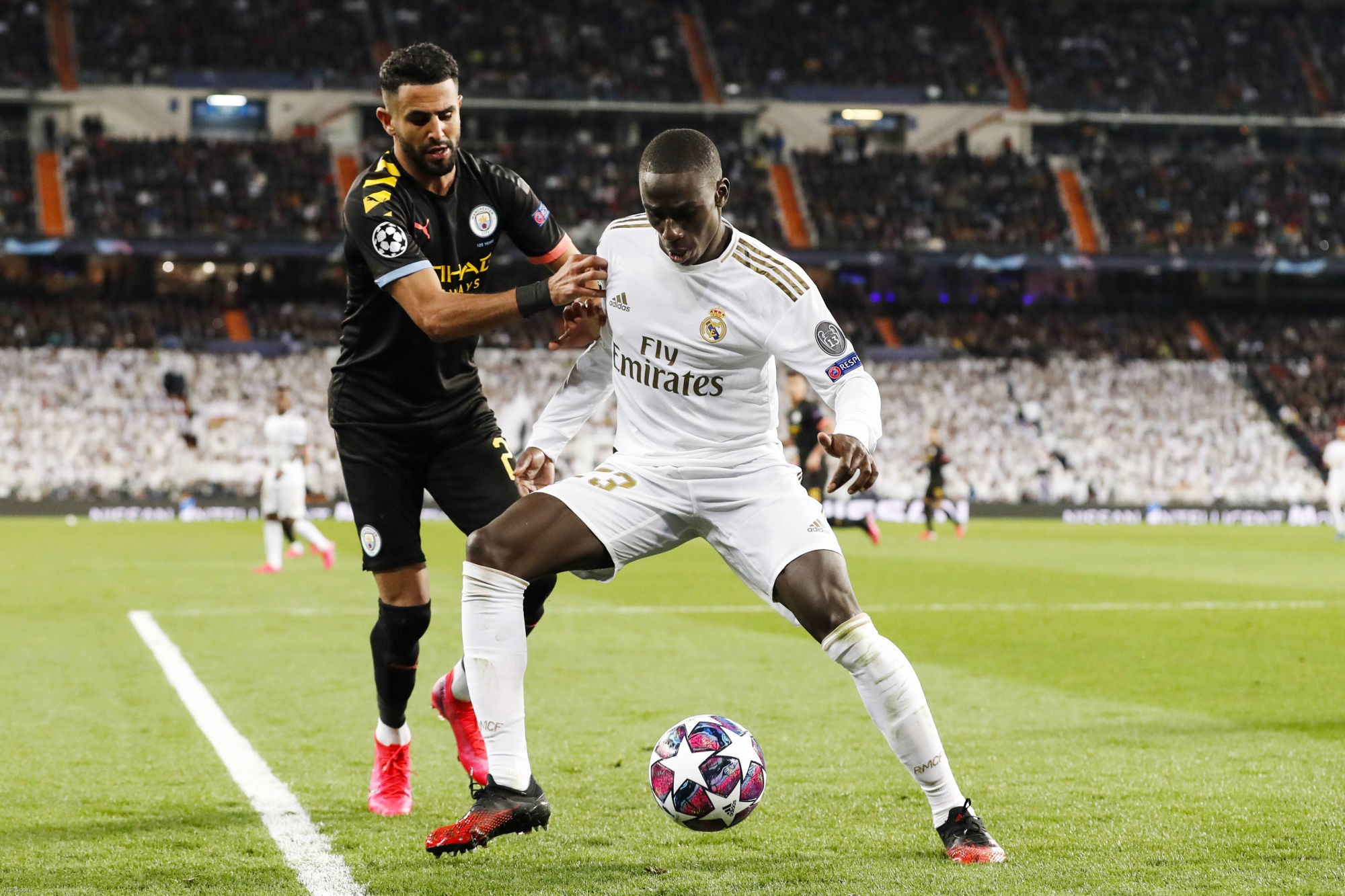 (l-r) Riyad Mahrez of Manchester City, Ferland Mendy of Real Madrid during the UEFA Champions League round of 16 first leg match between Real Madrid and Manchester City FC at the Santiago Bernabeu stadium on February 26, 2020 in Madrid, Spain 

Photo by Icon Sport - Ferland MENDY - Riyad MAHREZ - Stade Santiago-Bernabeu - Madrid (Espagne)