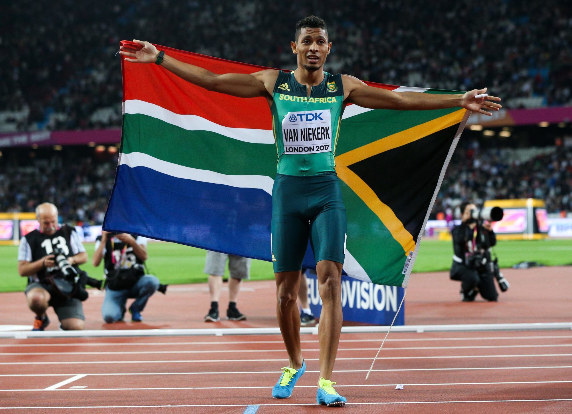South Africa's Wayde Van Niekerk celebrates taking silver in the Men's 200m Final during day seven of the 2017 IAAF World Championships at the London Stadium on August 10, 2017.
Photo by Jonathan Brady / PA Images / Icon Sport *** Local Caption ***