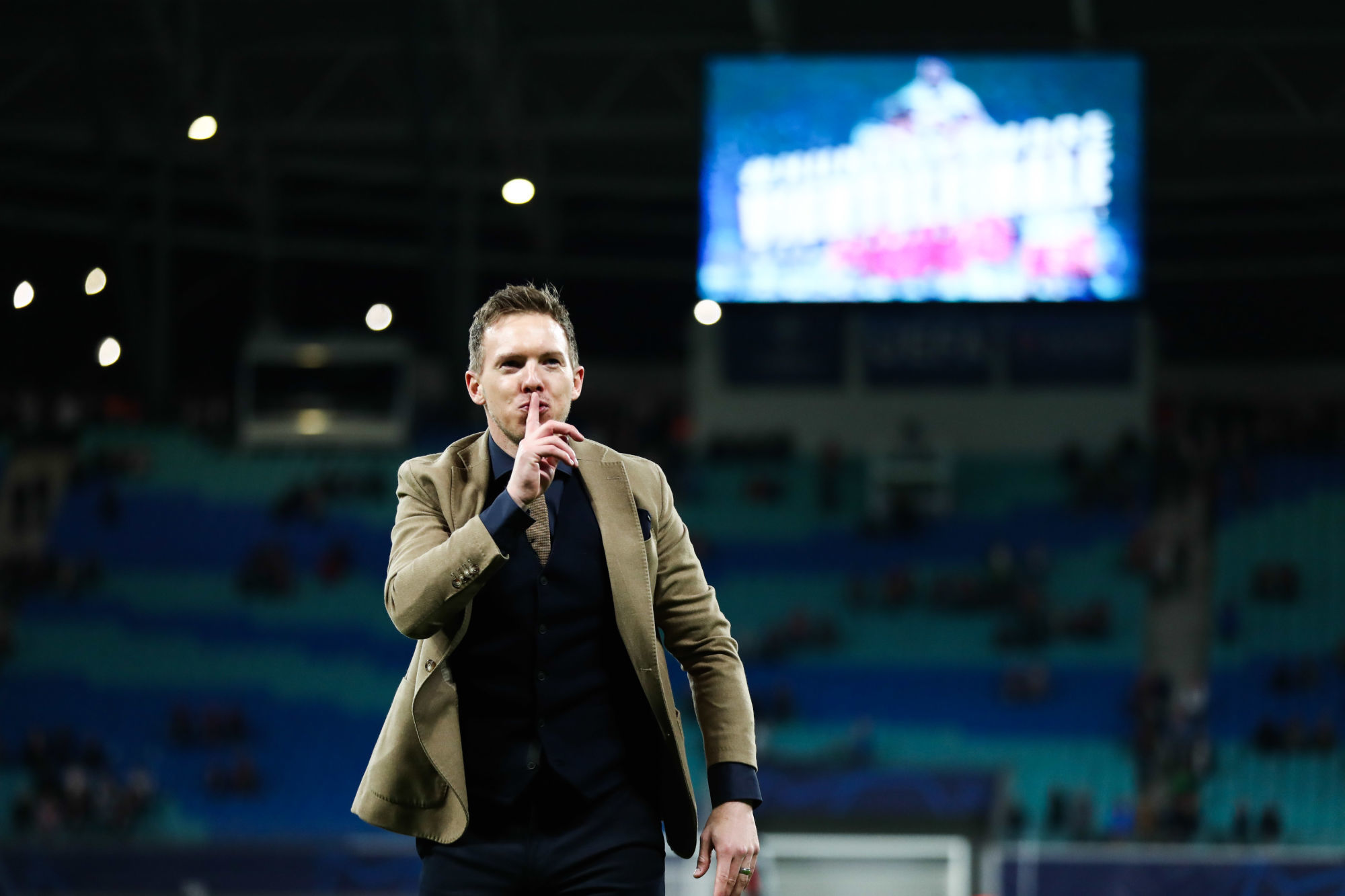 10 March 2020, Saxony, Leipzig: Football: Champions League, knockout round, round of 16, second leg: RB Leipzig - Tottenham Hotspur in the Red Bull Arena. Leipzig's coach Julian Nagelsmann cheers on his team's 3-0 victory. RB Leipzig has reached the quarter-finals of the Champions League and celebrated the biggest success in the club's history so far. Photo: Jan Woitas/dpa-Zentralbild/dpa 

Photo by Icon Sport - Julian NAGELSMANN - Red Bull Arena - Leipzig (Allemagne)