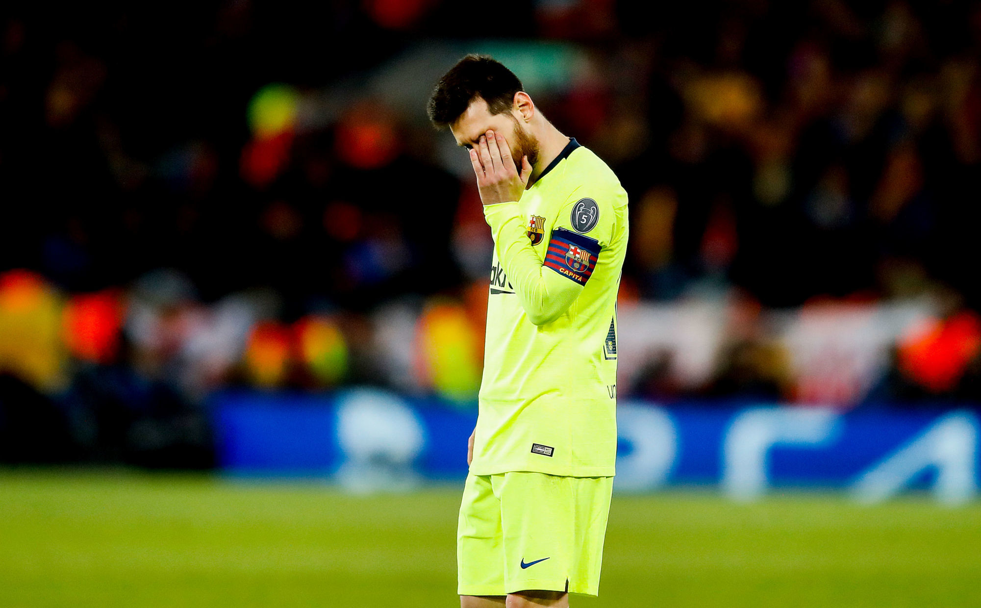 Barcelona's Lionel Messi appears dejected UEFA Champions League Semi Final, second leg match at Anfield, Liverpool on May 7th, 2019. Photo : PA Images / Icon Sport