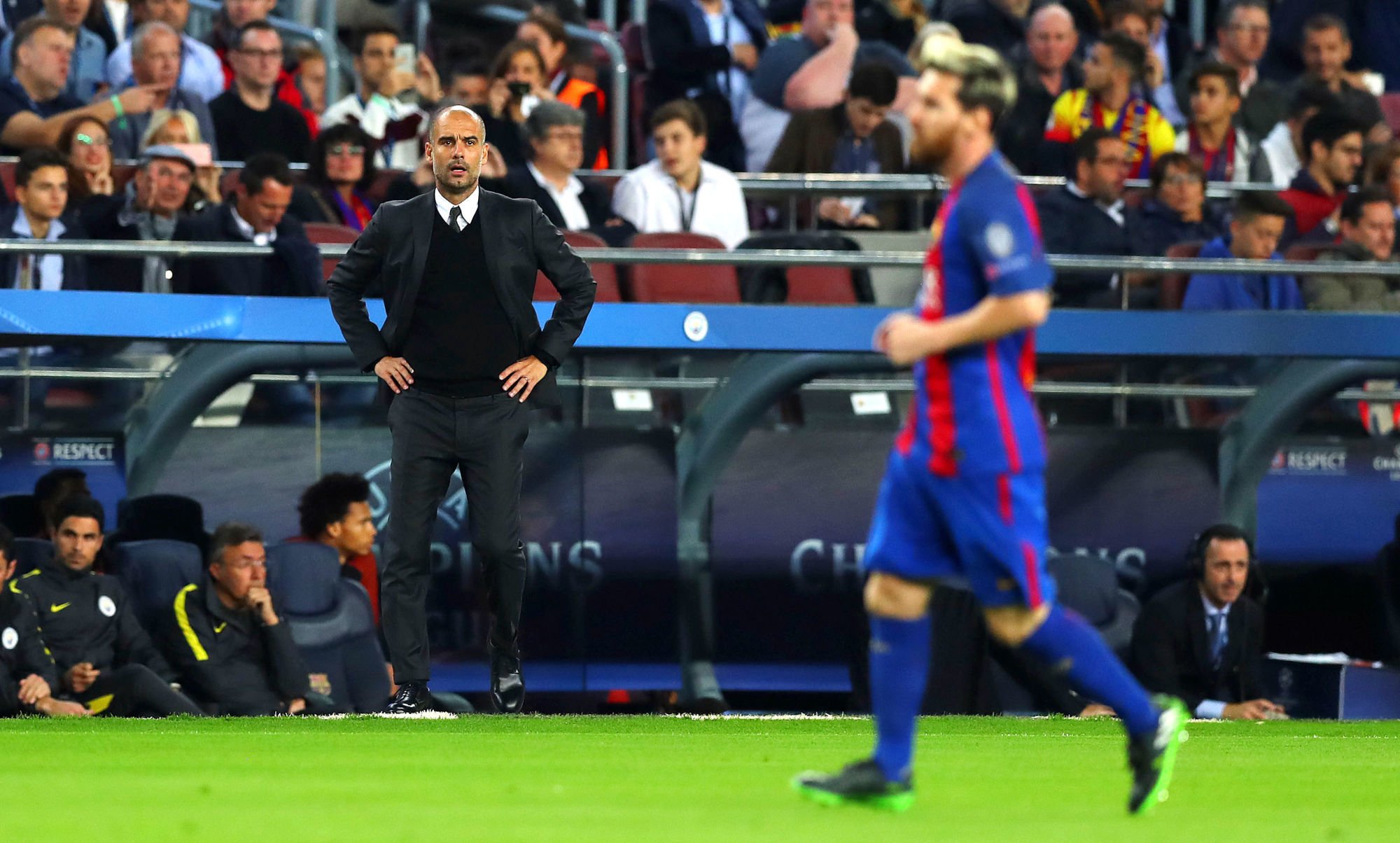 Manchester City - Josep Guardiola  et Lionel Messi - FC Barcelone
Photo : Icon Sport
