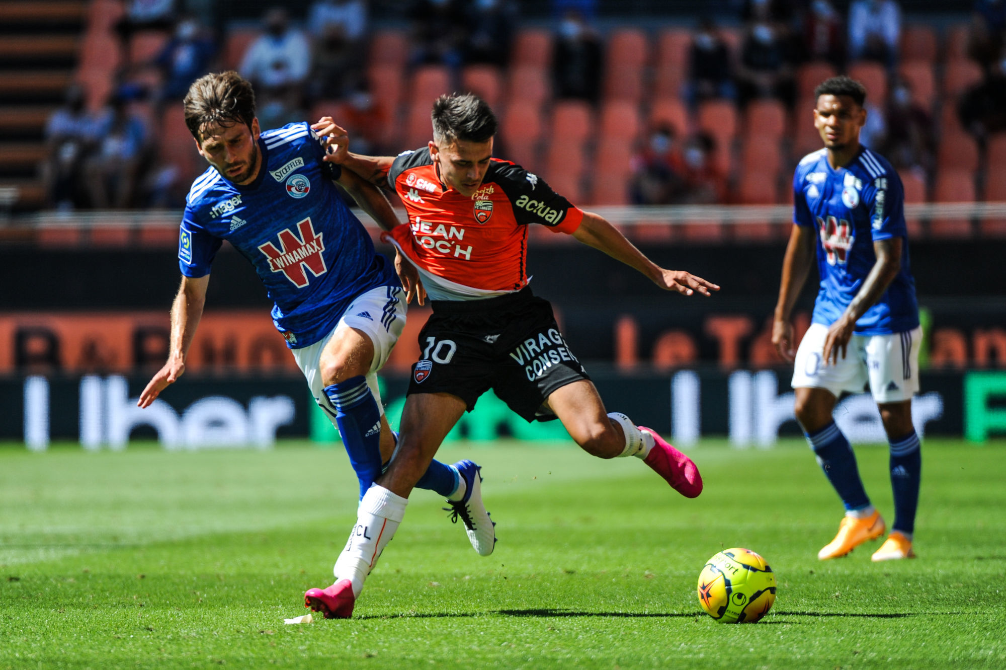 Sanjin PRCIC of Strasbourg and Enzo LE FEE of Lorient during the Ligue 1 match between Lorient and Strasbourg on August 23, 2020 in Lorient, France. (Photo by Johnny Fidelin/Icon Sport) - Stade du Moustoir - Lorient (France)