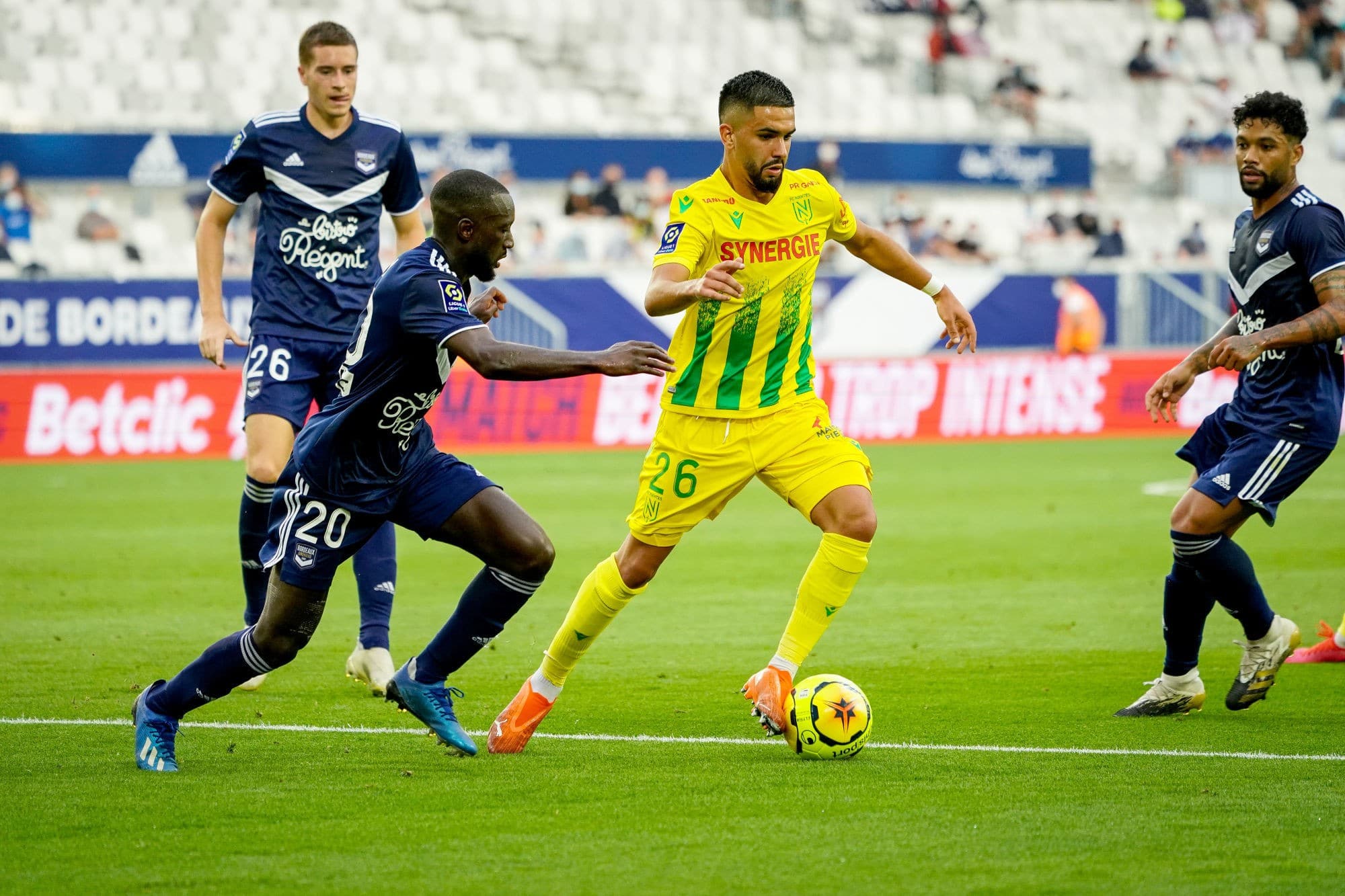 Youssouf SABALY of Girondins de Bordeaux and Imran LOUZA of FC Nantes during the Ligue 1 match between Bordeaux and Nantes on August 21, 2020 in Bordeaux, France. (Photo by Pierre Costabadie/Icon Sport) - Matmut ATLANTIQUE - Bordeaux (France)